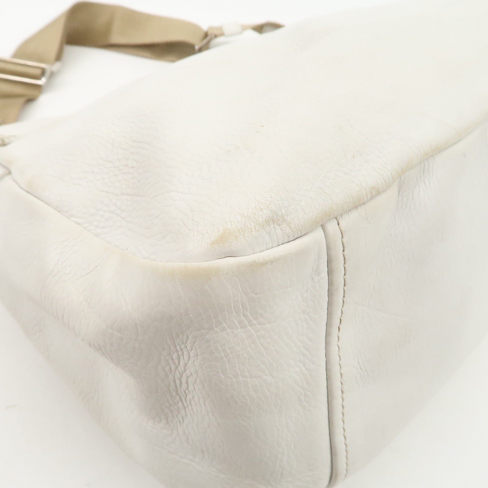 PRADA Triangle Logo Leather Nylon Shoulder Bag White Beige