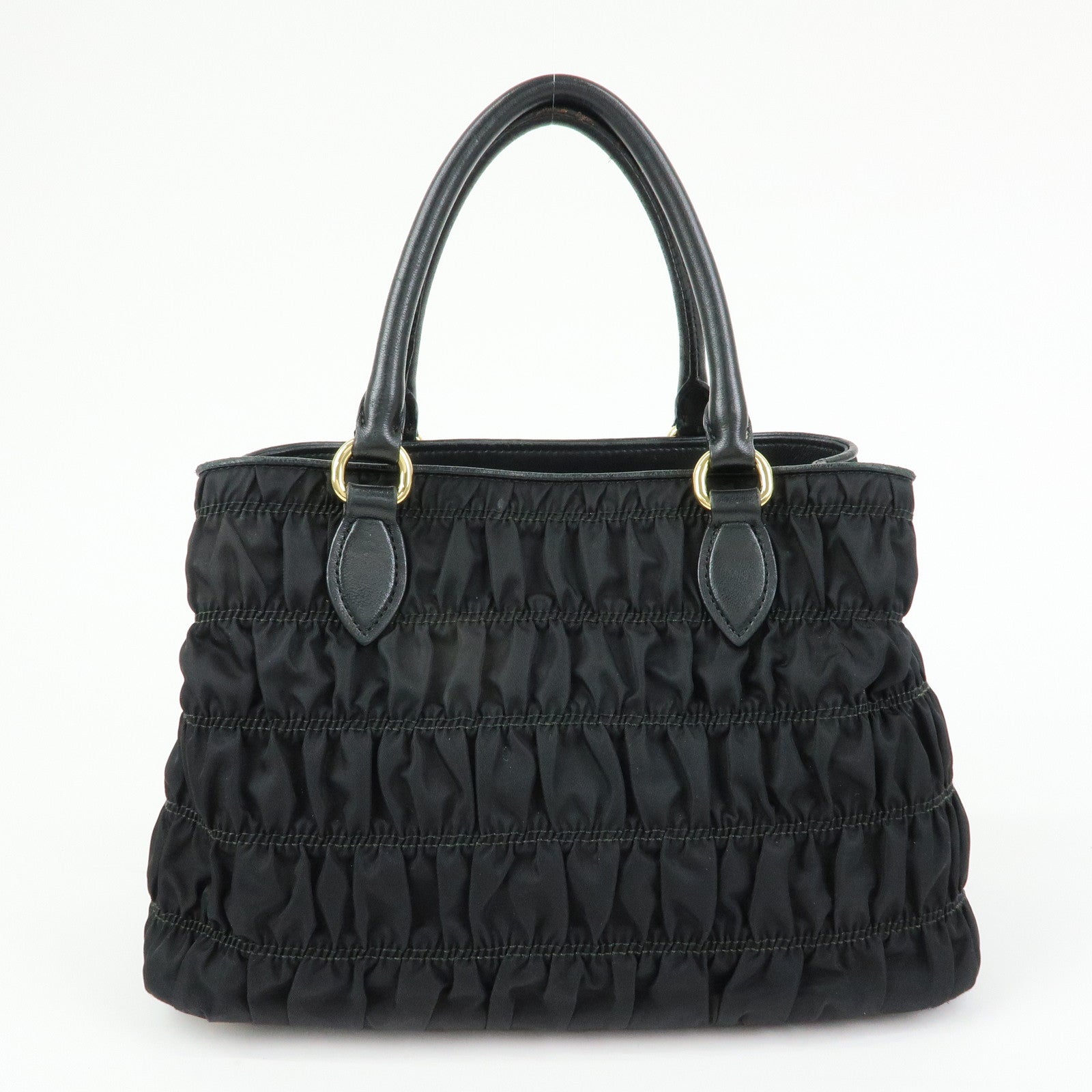PRADA Nylon Leather Gathered Tote Bag Hand Bag Black