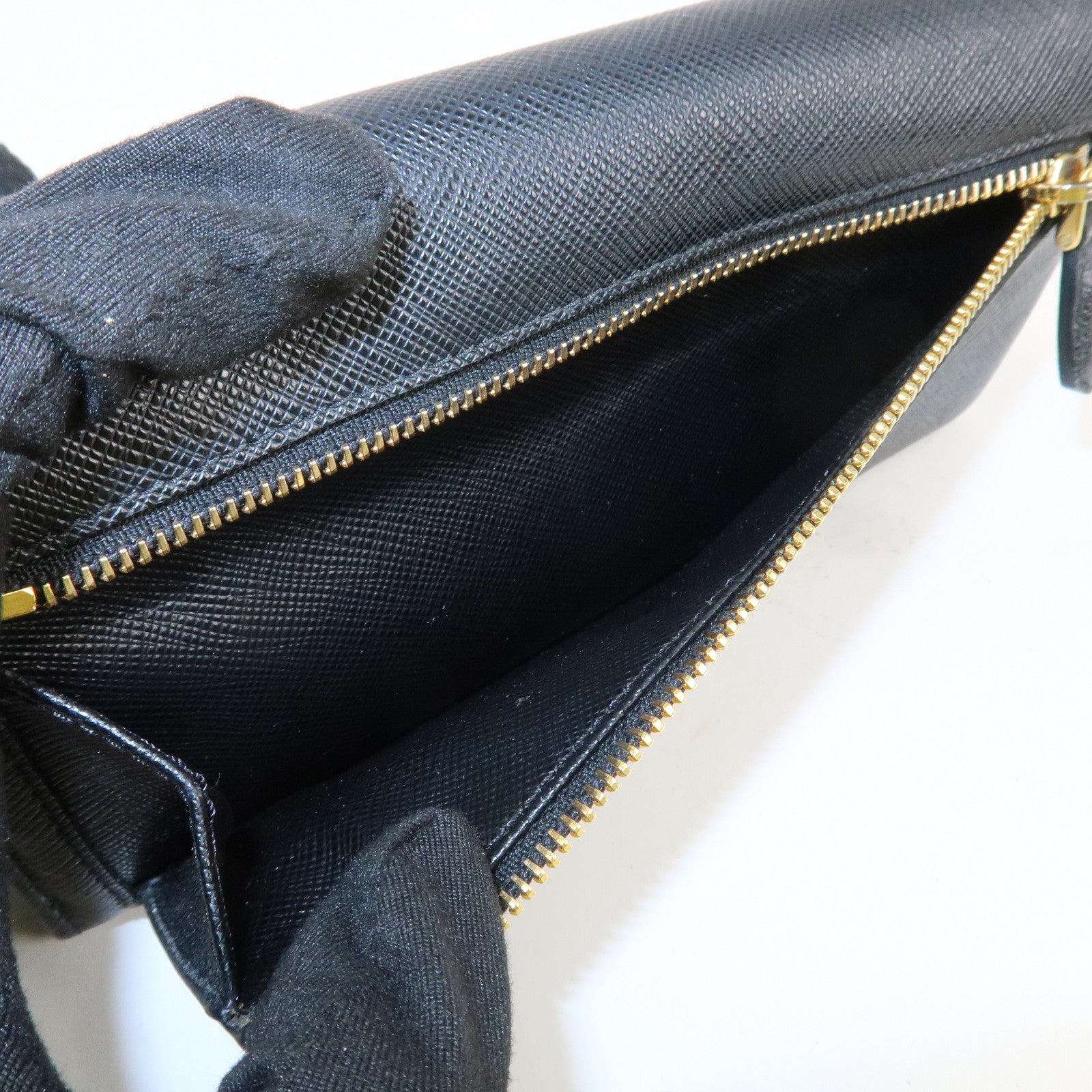 PRADA Saffiano Leather Flap Bi-Fold Long Wallet Black Gold 1MH132 Used