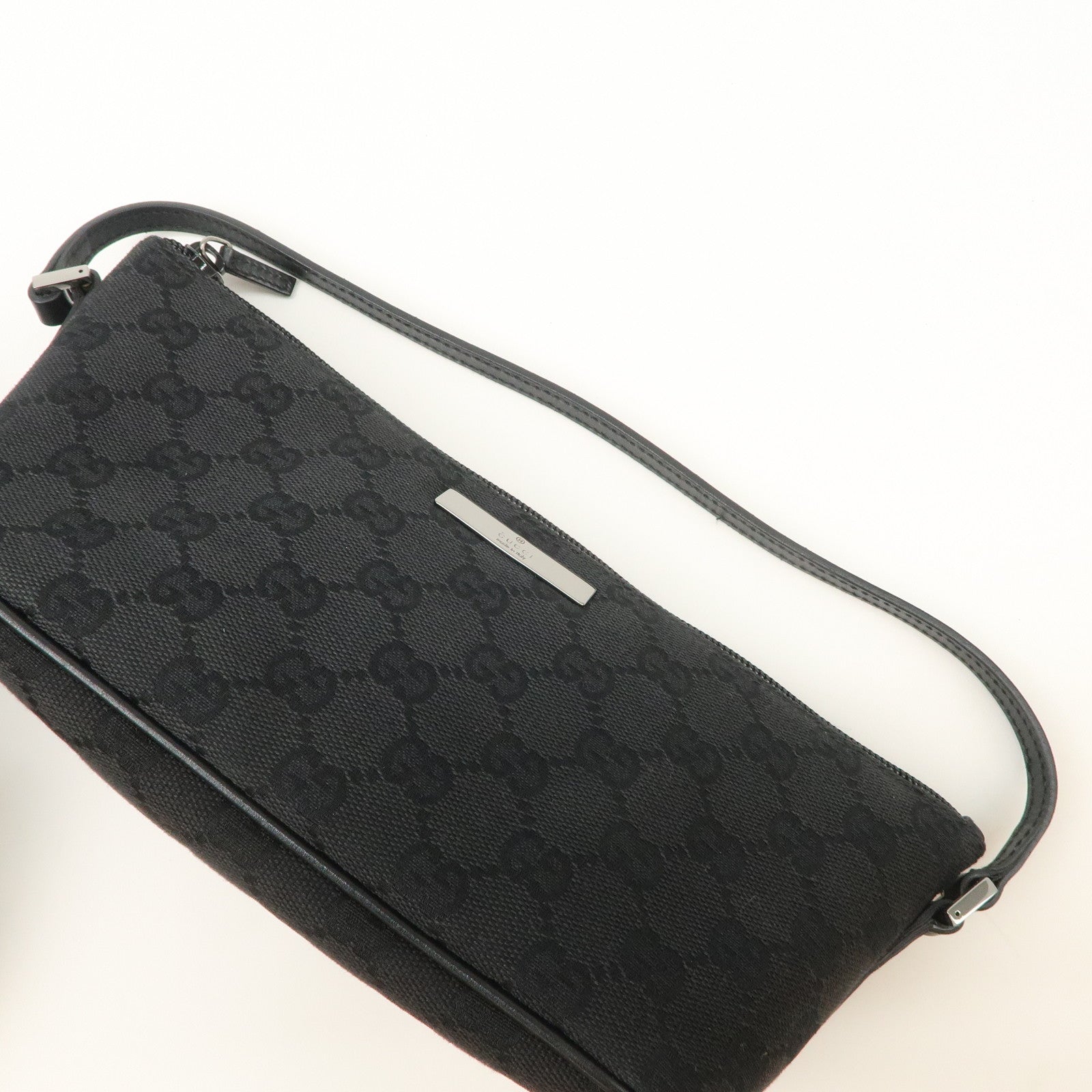 GUCCI Boat Bag GG Canvas Leather Hand Bag Pouch Black 07198