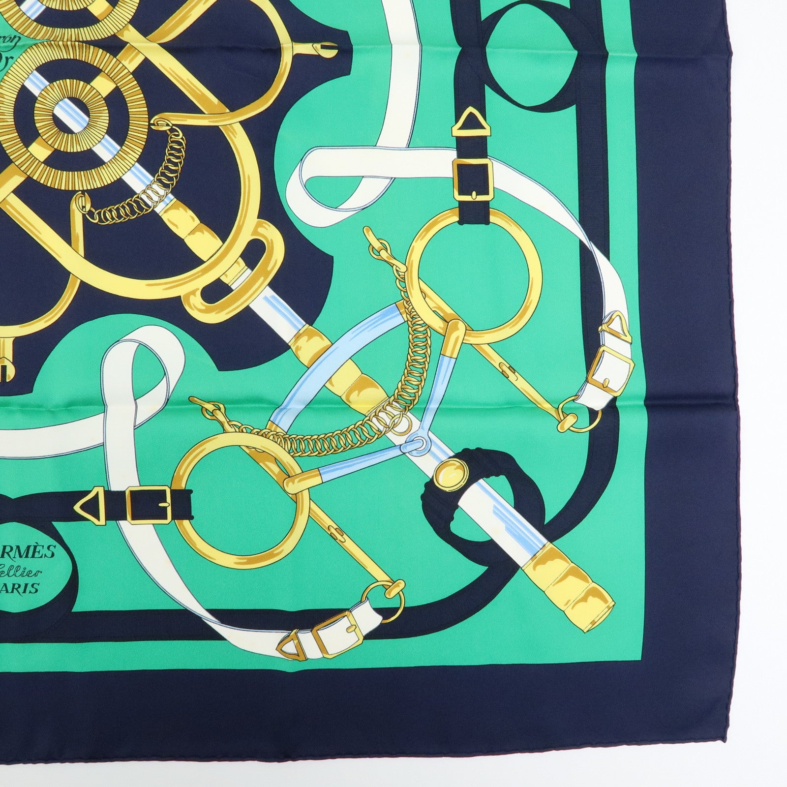 HERMES Carre 90 Silk 100% Scarf Eperon d'or Navy Green Gold