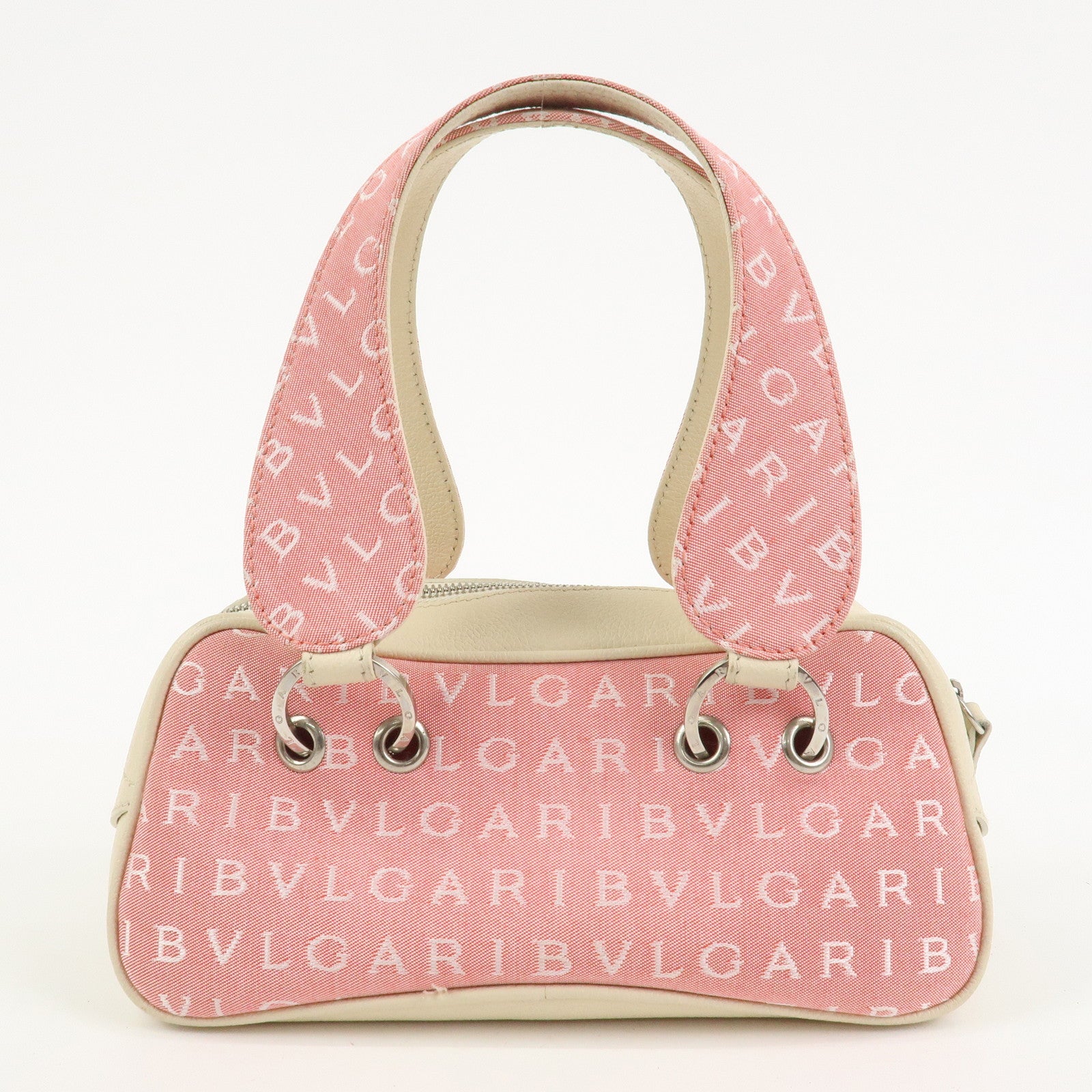BVLGARI Logo Mania Canvas Leather Hand Bag Pink Ivory
