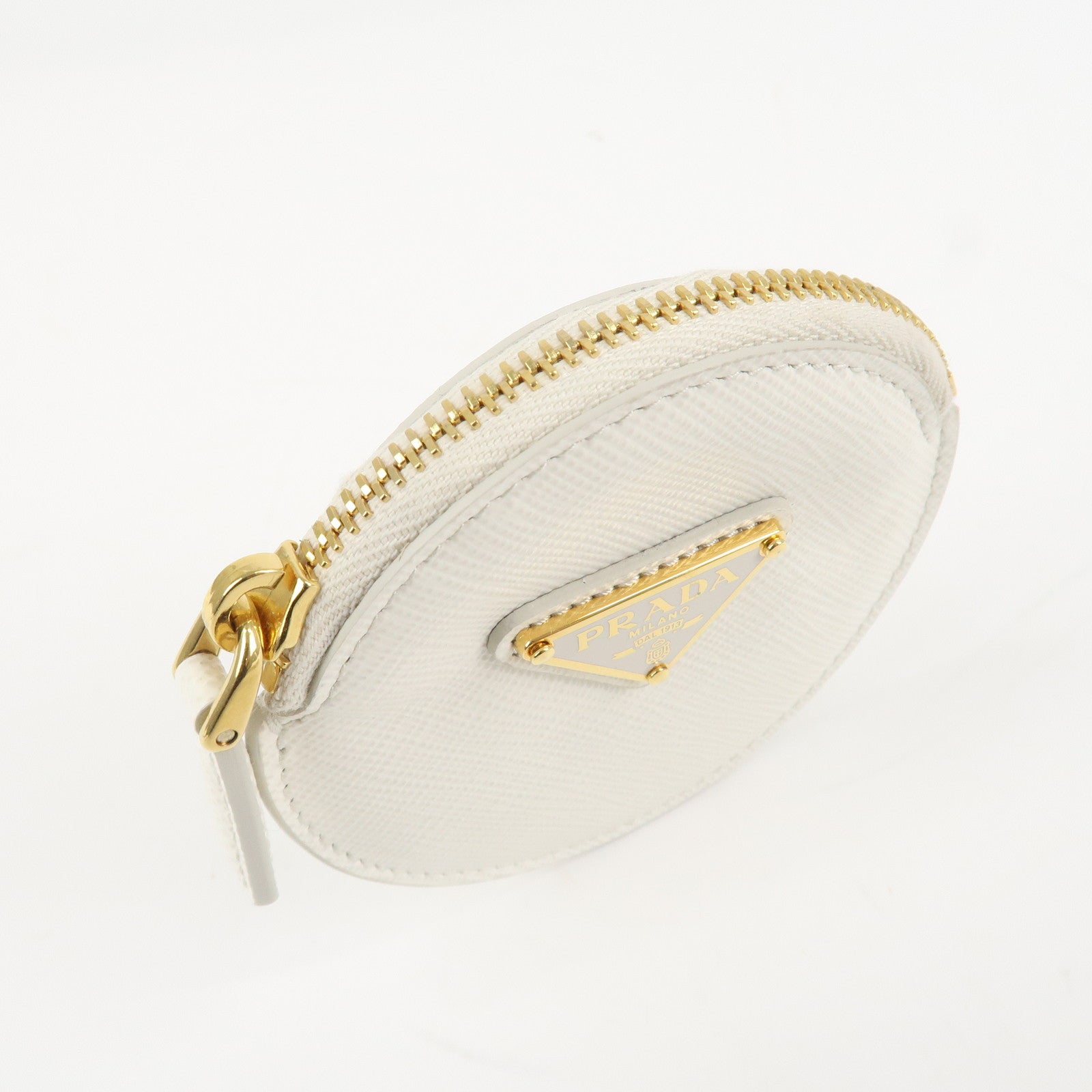 PRADA Triangle Logo Saffiano Leather Coin Case White 1MM006 Used