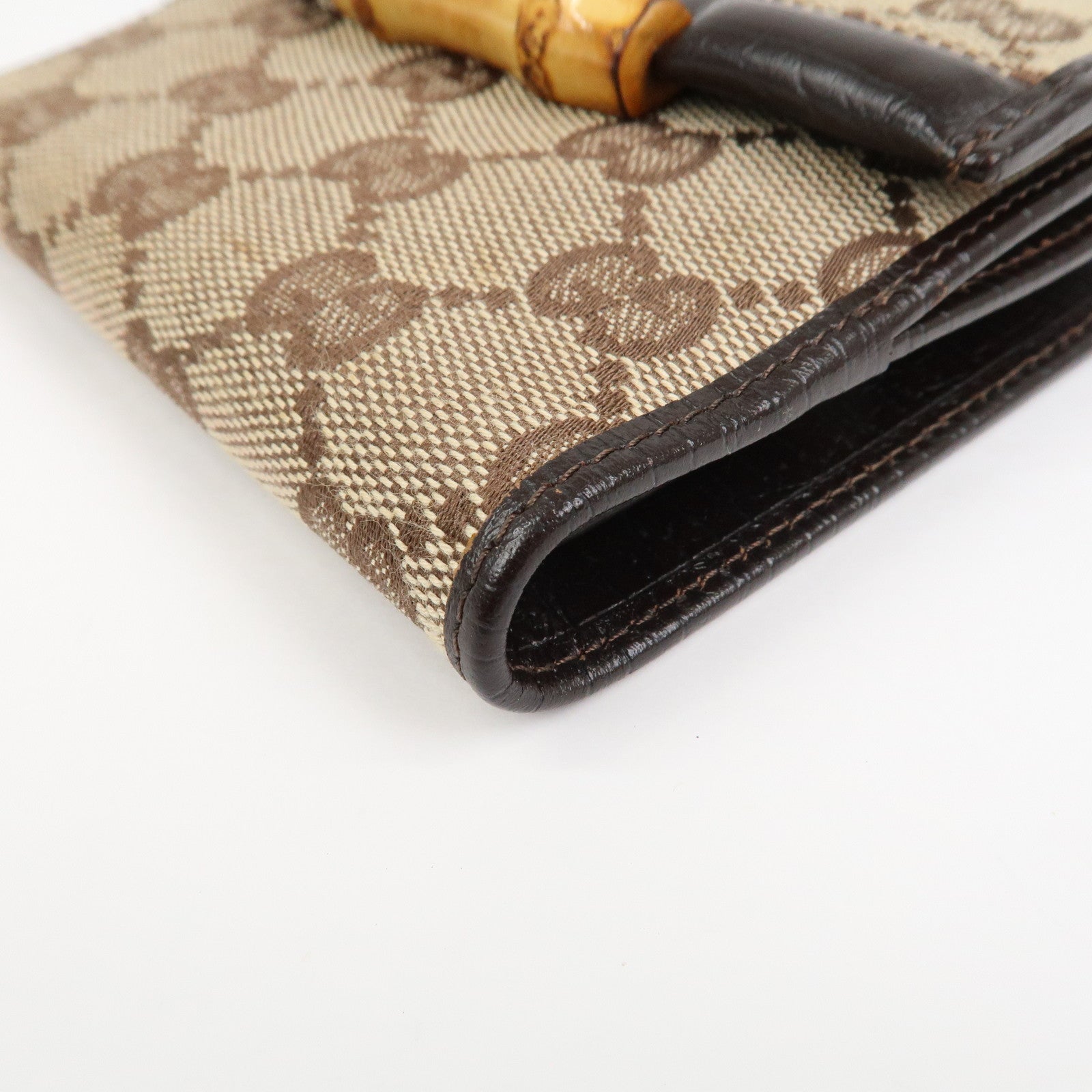 GUCCI Bamboo GG Canvas Leather W Hook Compact Wallet Beige 112521