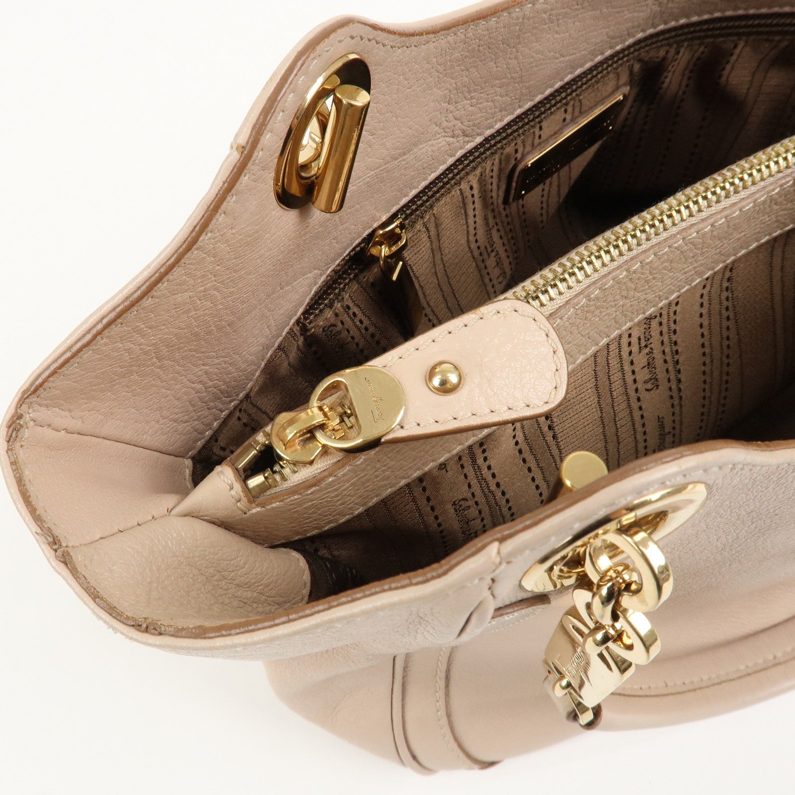 Ferragamo Leather Shoulder Bag Hand Bag Pink Beige Gold