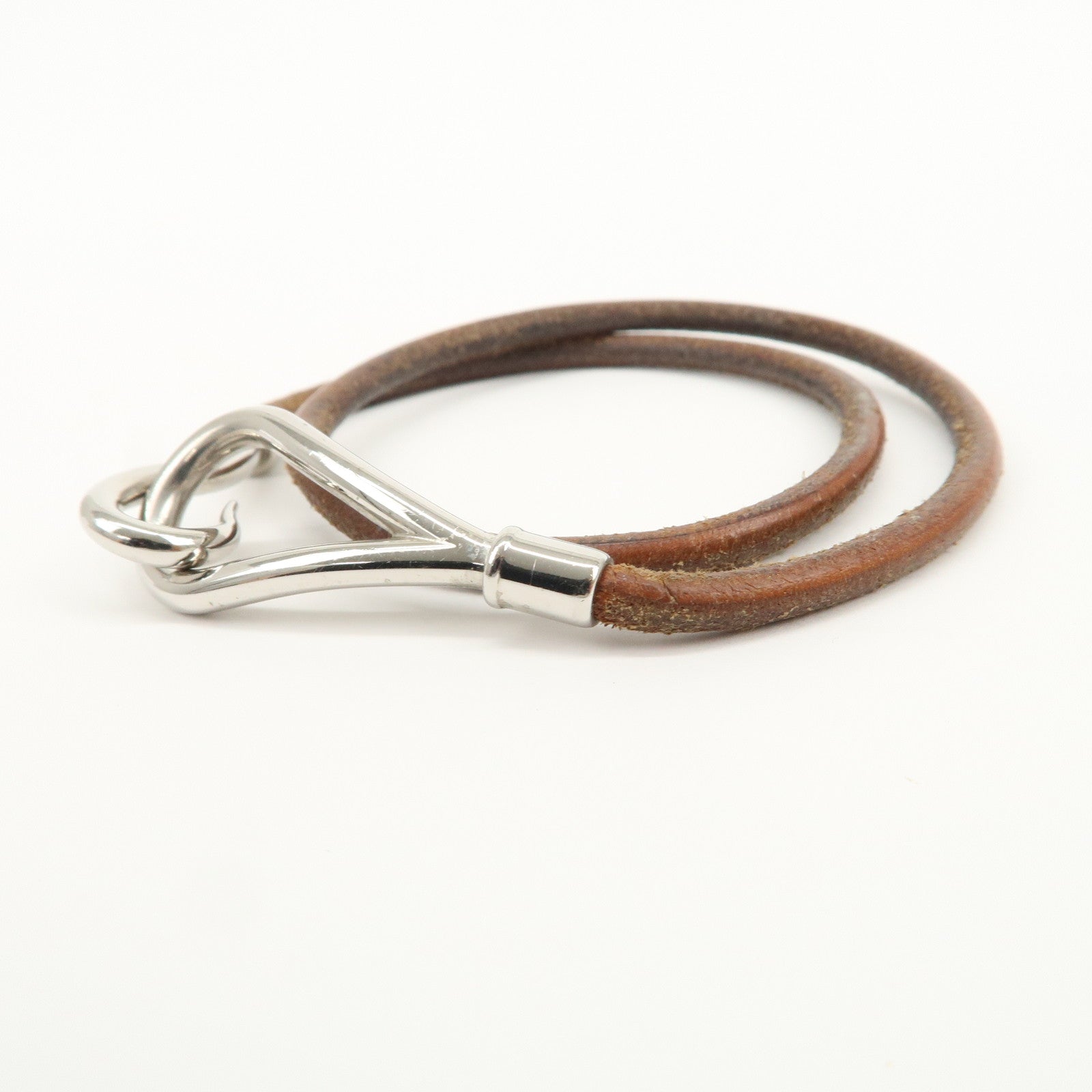 HERMES Leather Metal Jumbo Choker Bracelet Brown Silver
