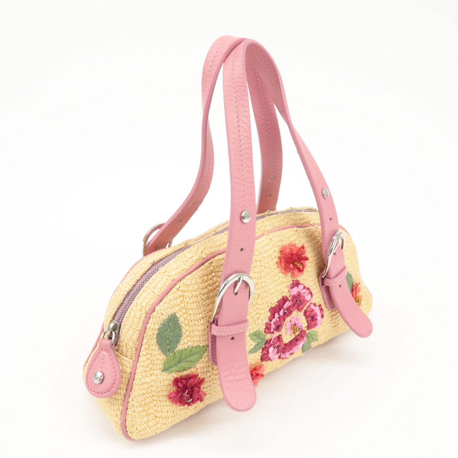 Christian Dior Leather Raffia Straw Hand Bag Pink Natural Used