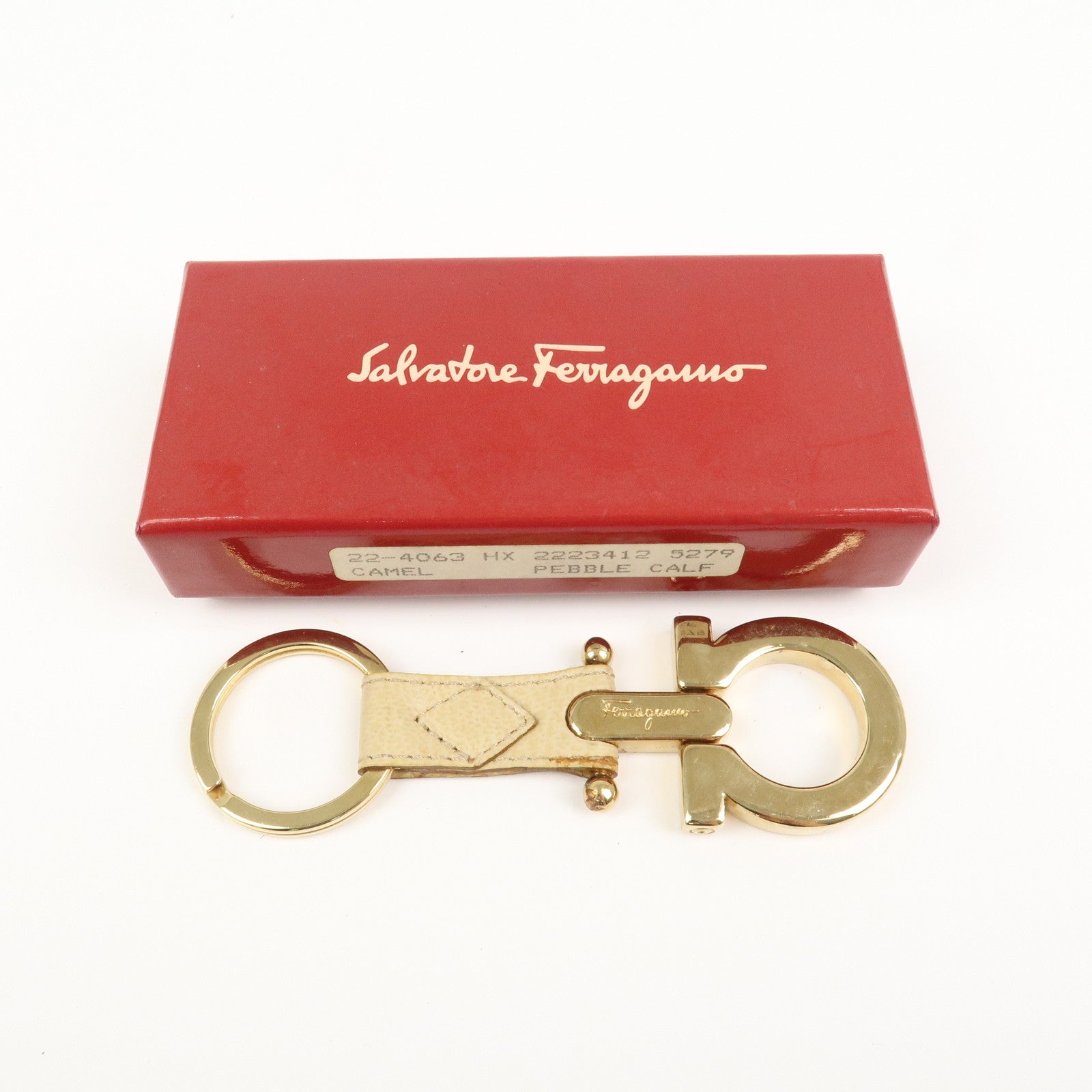 FERRAGAMO Logo Leather Metal Bag Charm Key Charm Beige Gold