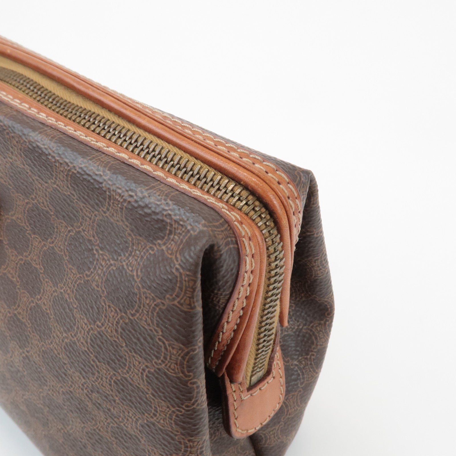 CELINE Macadam PVC Leather Canvas Pouch Brown Gold Hardware