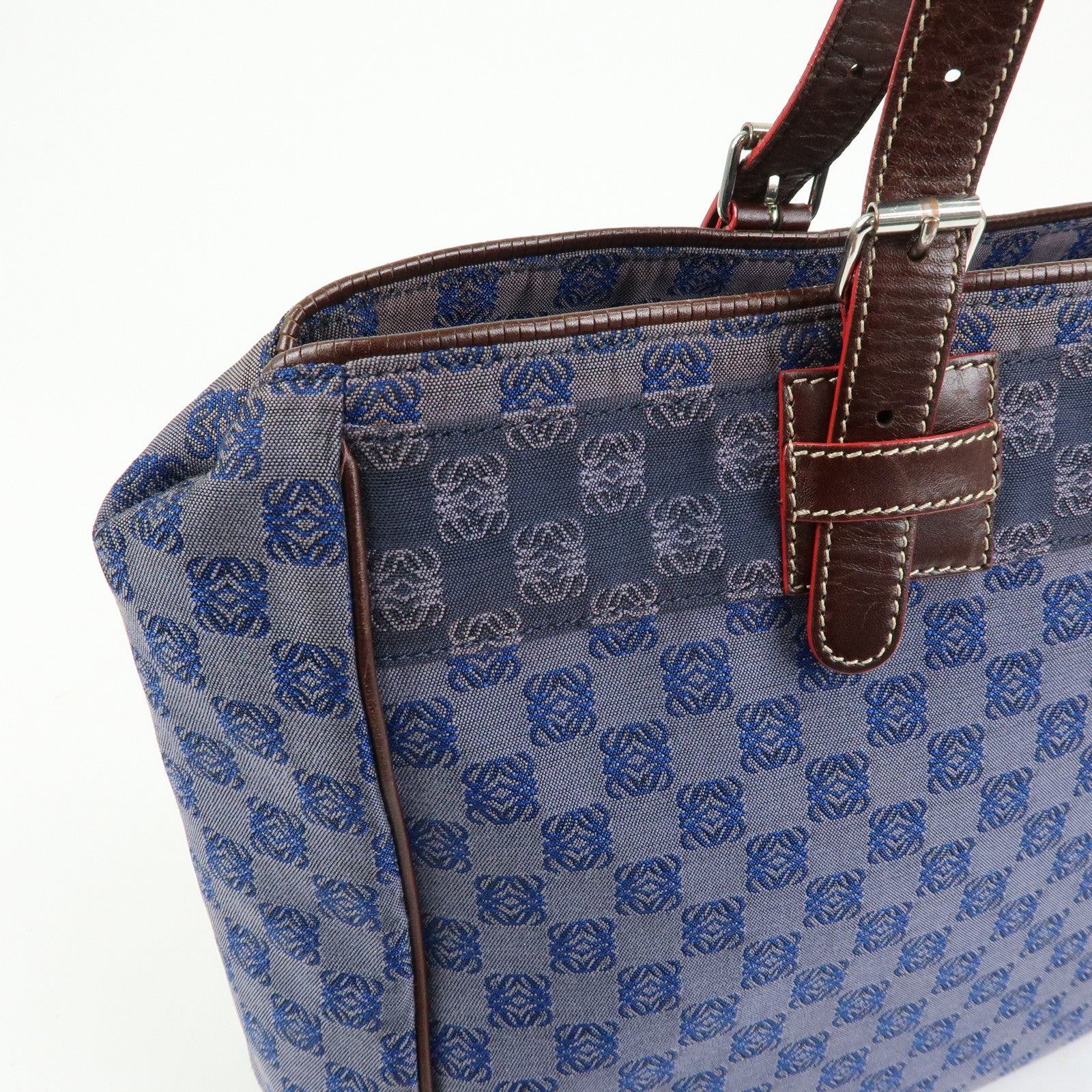 LOEWE Repeat Anagram Canvas Leather Tote Bag Hand Bag Blue Brown