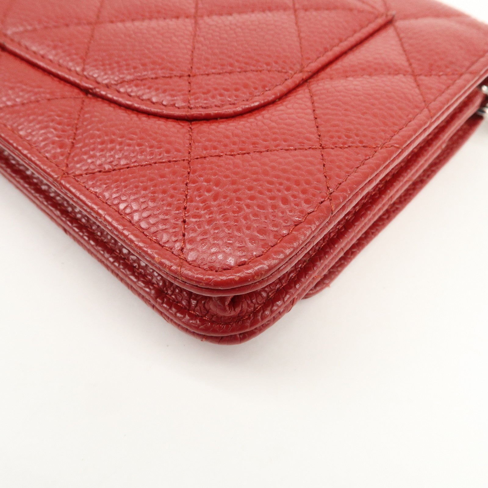 CHANEL Matelasse COCO Mark Caviarskin Chain Wallet Red A33814