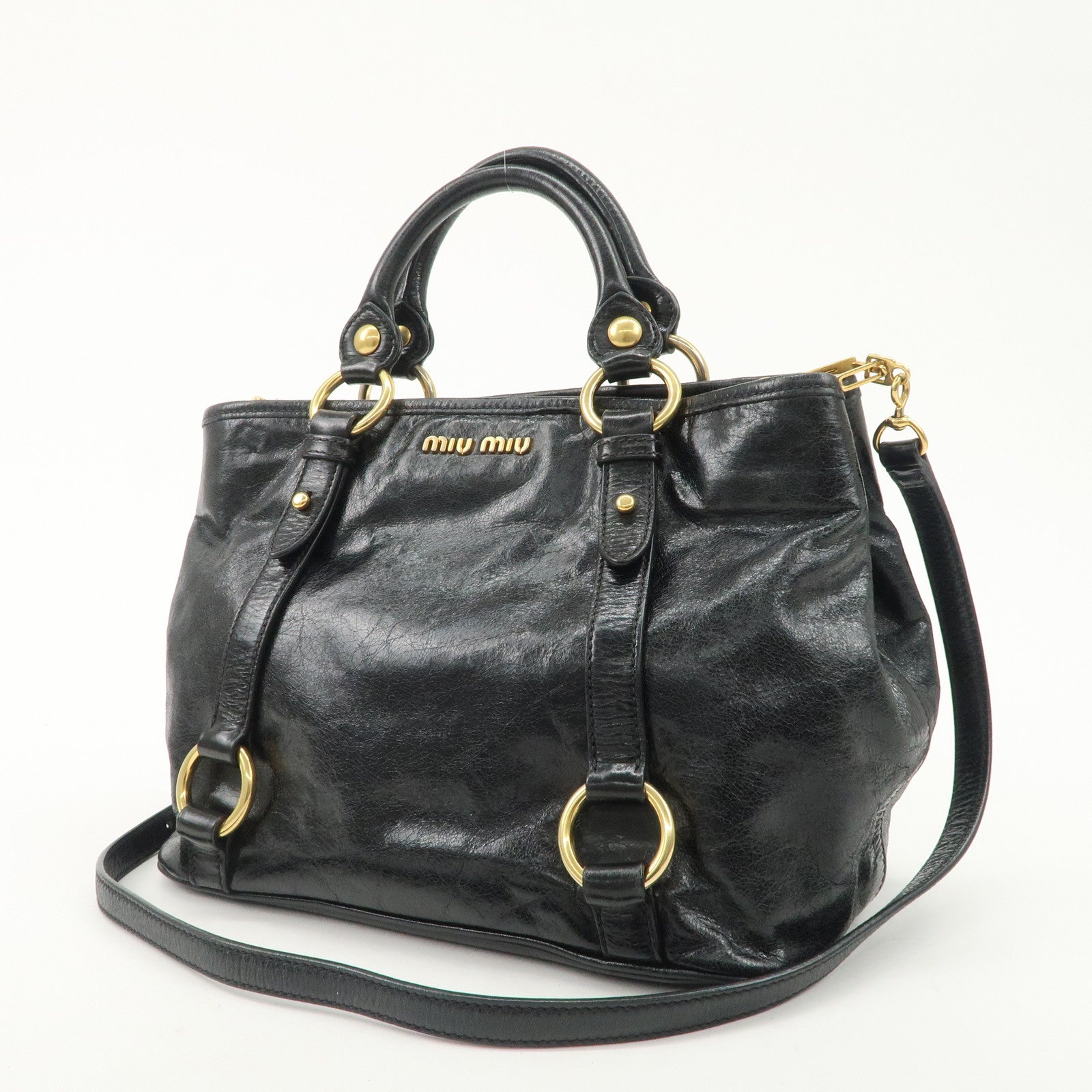 MIUMIU Logo Leather 2WAY Hand Bag Black Gold Hardware RN0685 Used