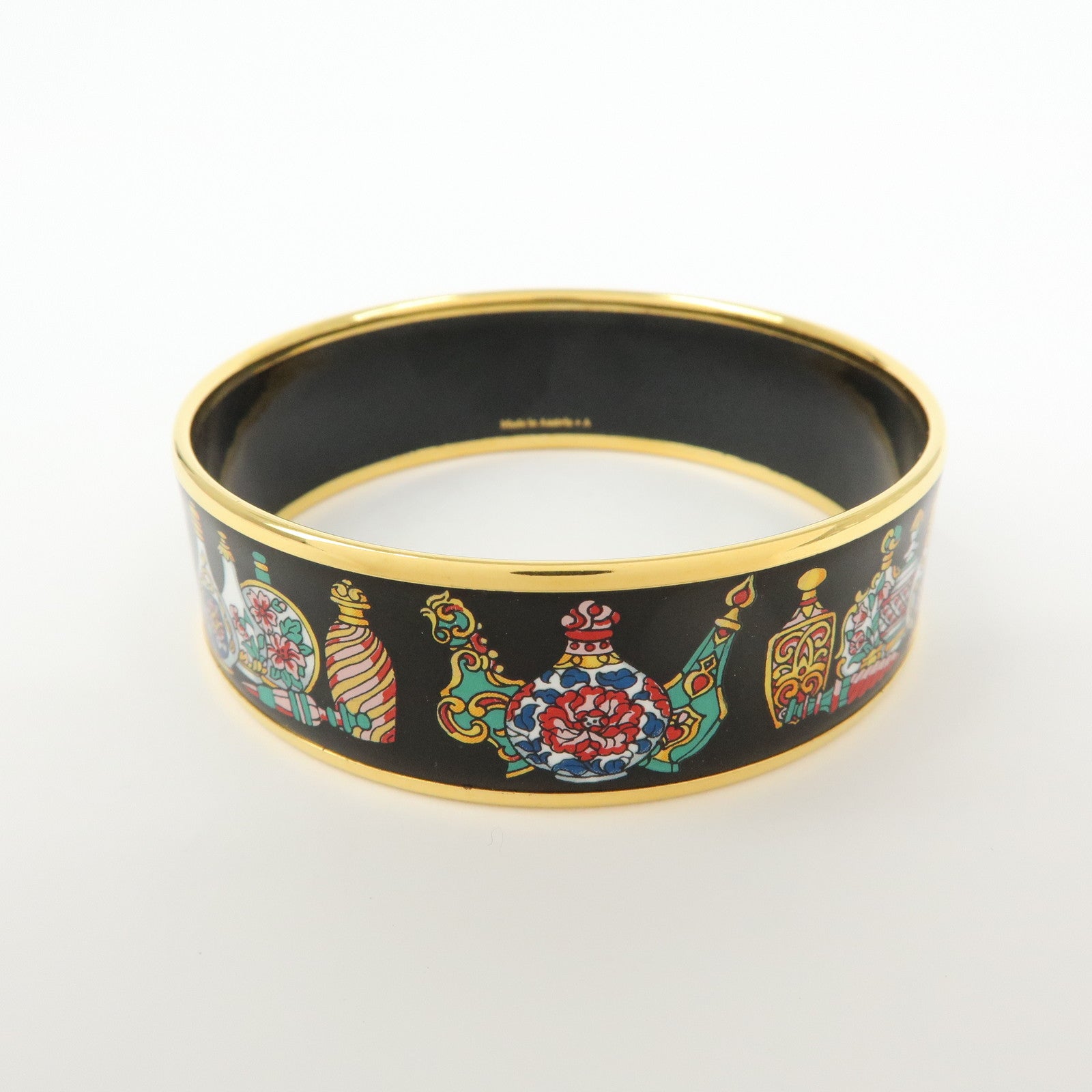 HERMES Email GM Gold Plated Bangle Bracelet Black Gold