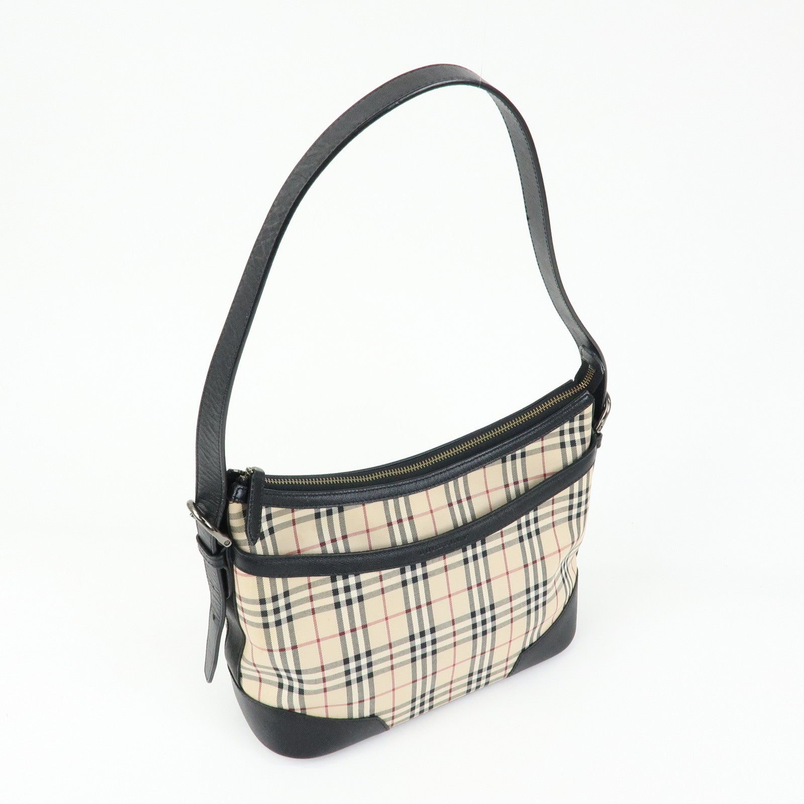BURBERRY Nova Plaid Canvas Leather Shoulder Bag Beige Black