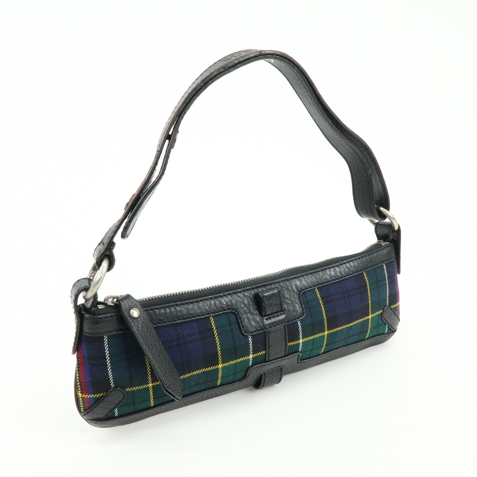 BURBERRY Canvas Leather Plaid Shoulder Bag Black Green