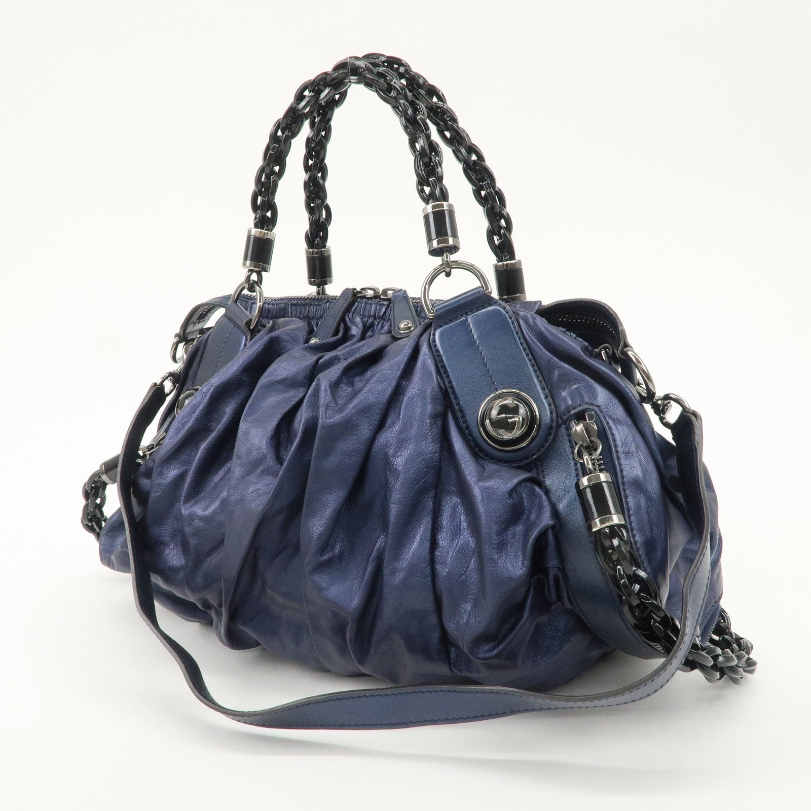 GUCCI Galaxy Leather 2 Way Chain Boston Bag Metallic Blue 228838 Used