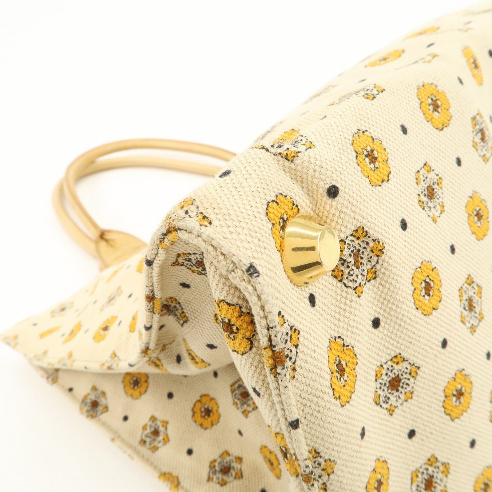 MIU MIU Canvas Leather Tote Bag Hand Bag Flower Motif Beige