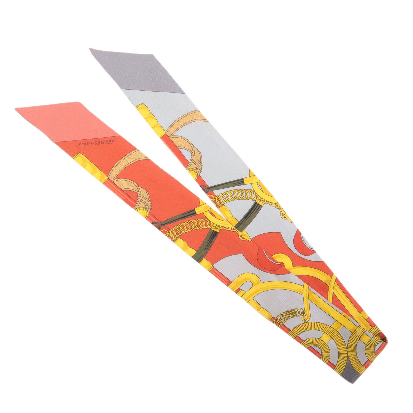 HERMES Twilly Silk 100% Scarf Eperon d'or Red Gray