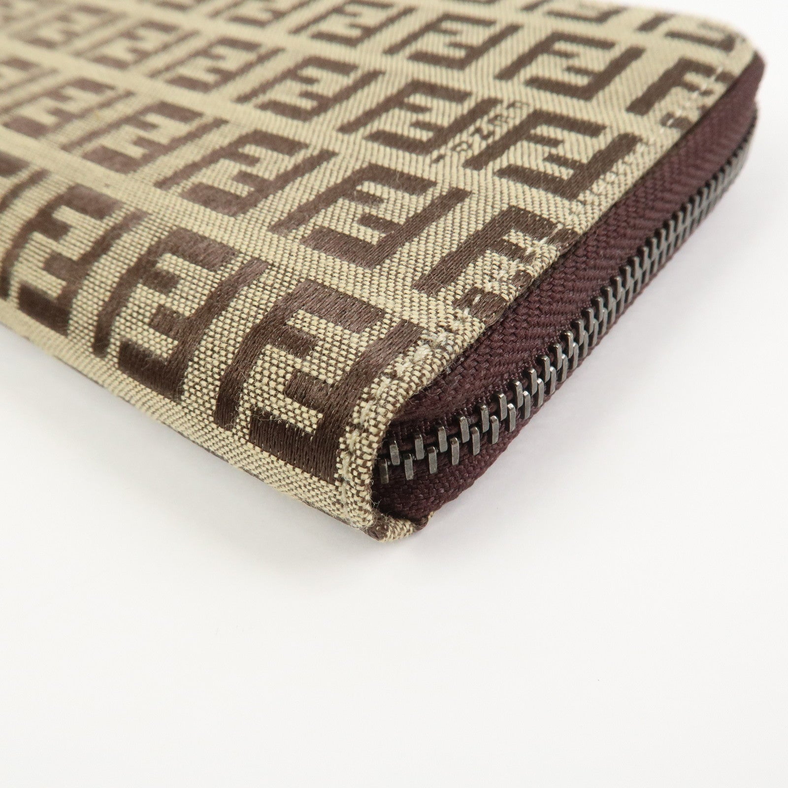FENDI Zucchino Canvas Leather Round Zippy Long Wallet Brown 8M0024