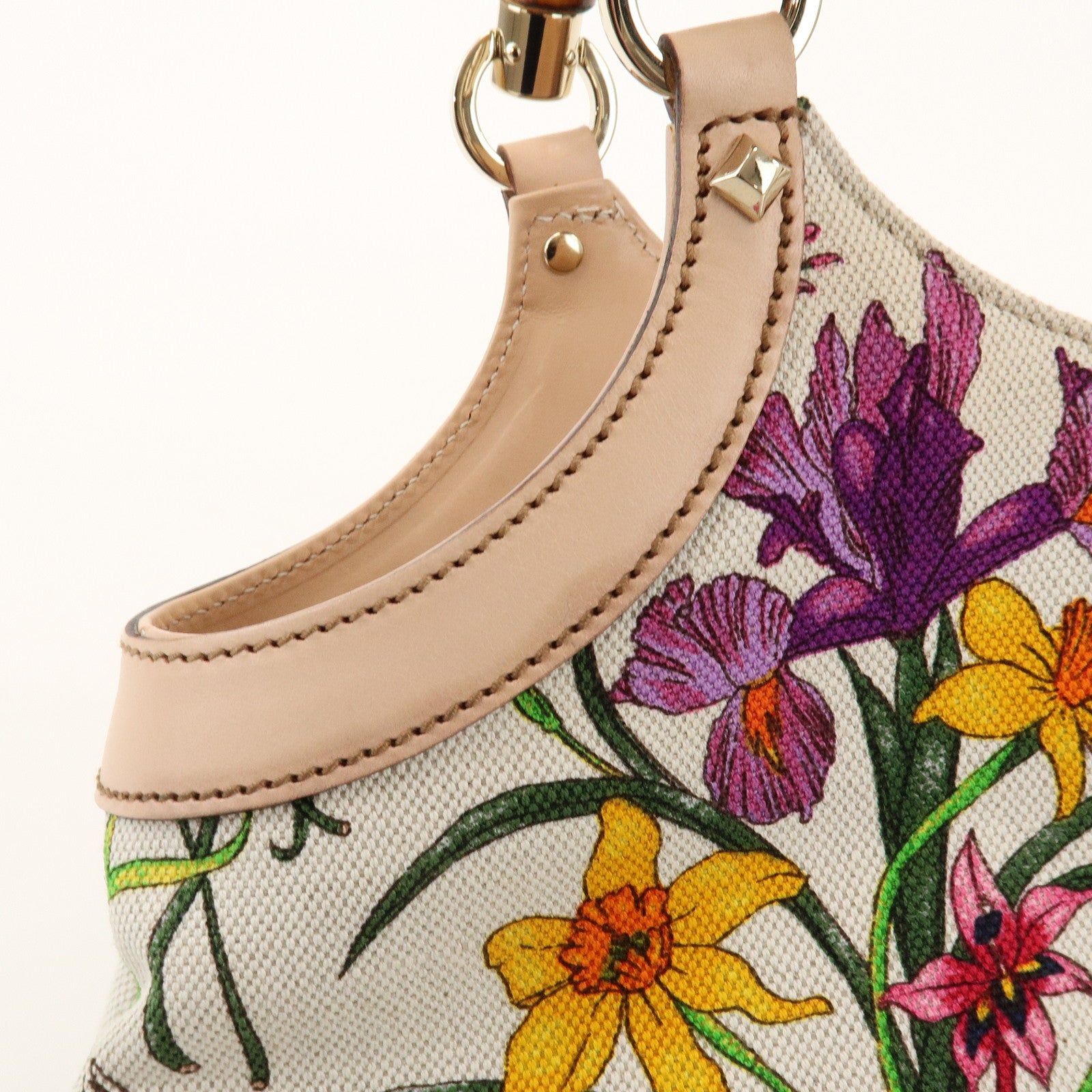 GUCCI Bamboo Flora Canvas Leather Hand Bag Multicolor Beige 137395