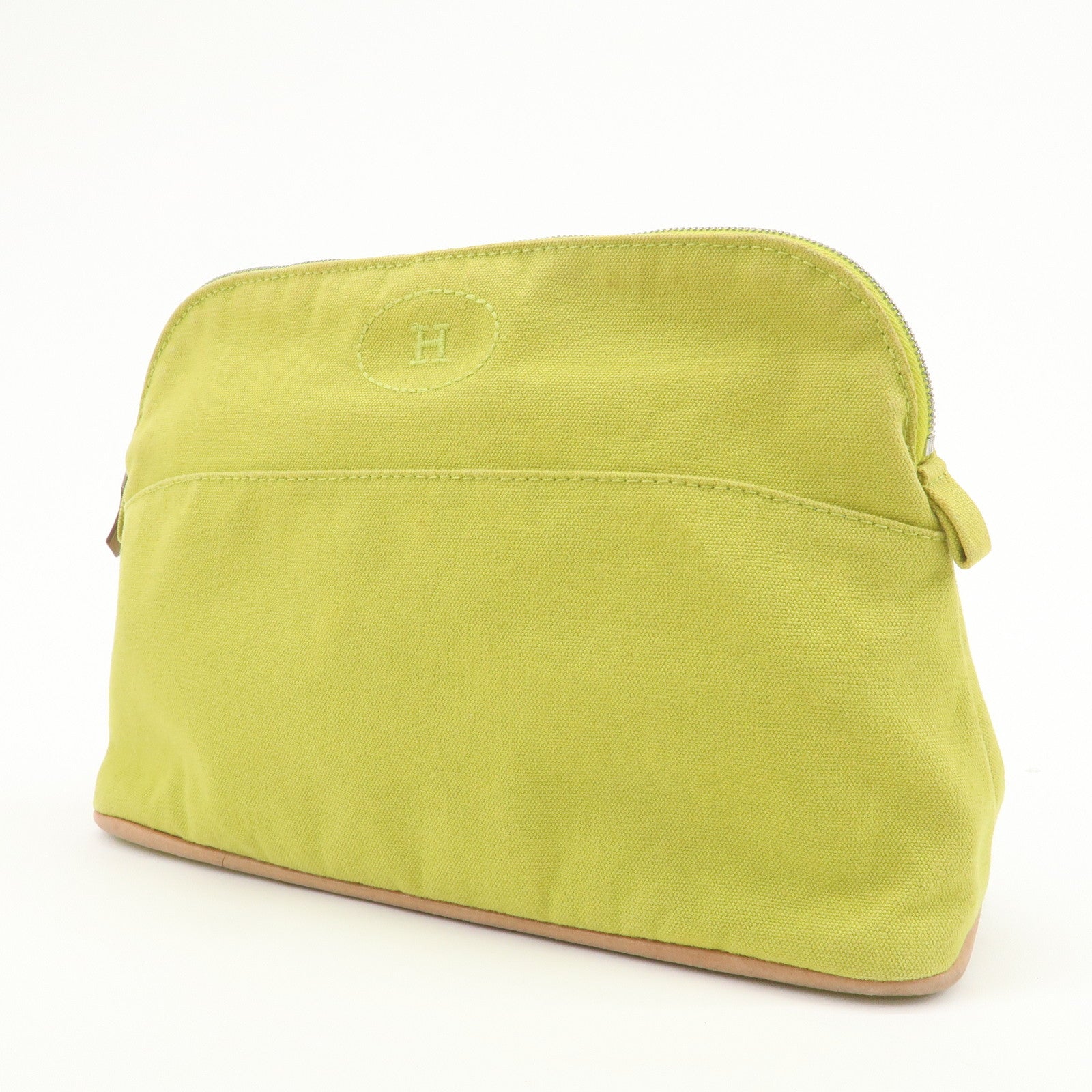 HERMES Bolide Pouch MM Canvas Leather Cosmetic Pouch Light Green