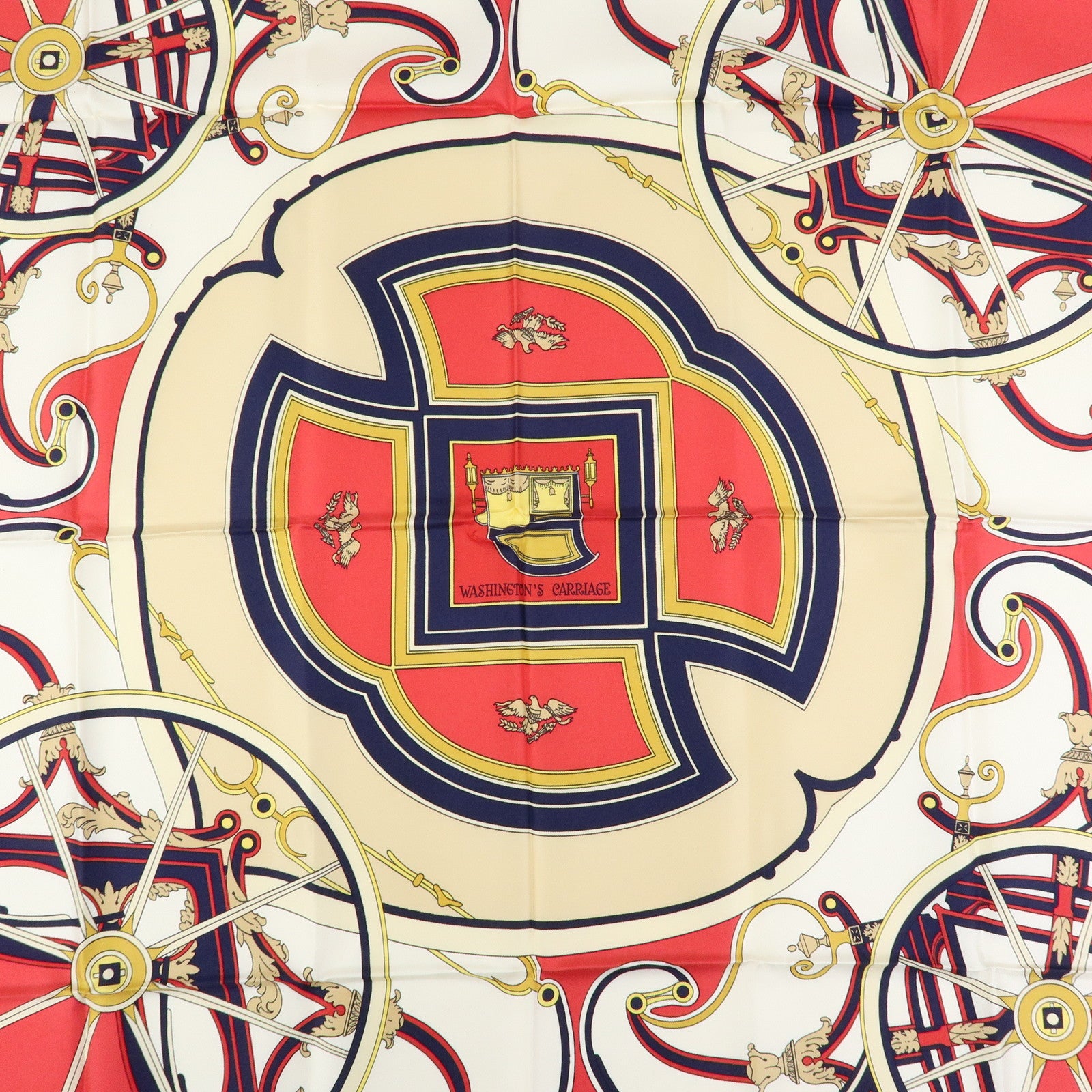 HERMES Carre 90 Silk 100% Scarf WASHINGTON’S CARRIAGE Red Navy