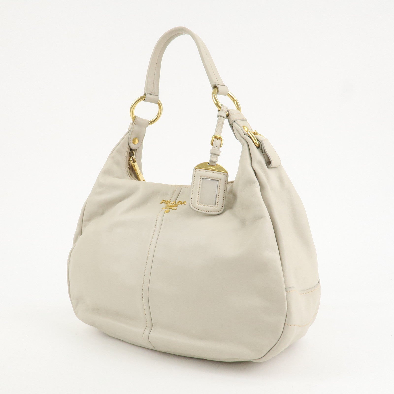 PRADA Logo Leather Shoulder Bag Hand Bag Ivory Gold Hardware Used
