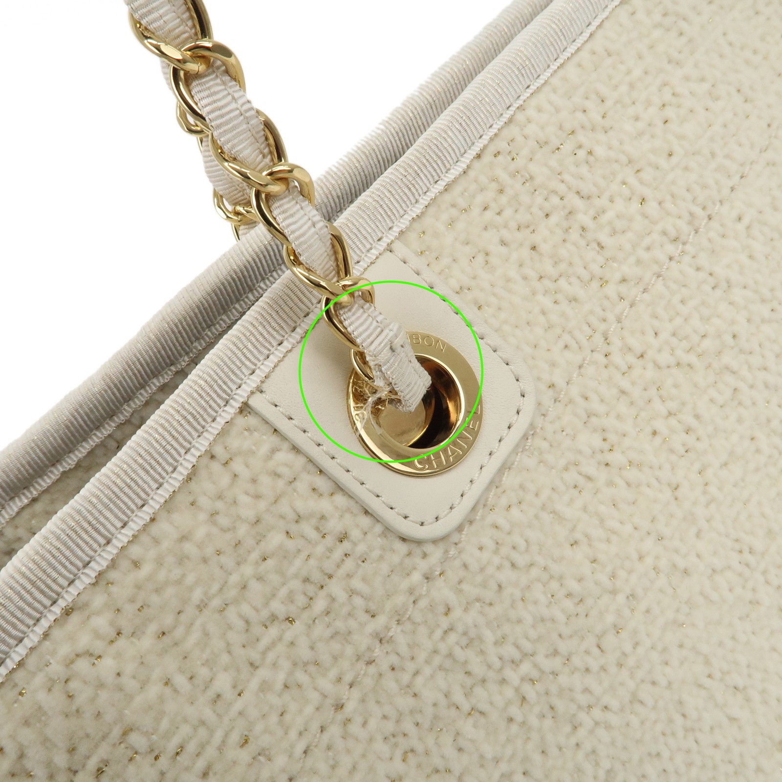 CHANEL Leather Tweed Deauville MM Shoulder Bag Tote Bag Ivory