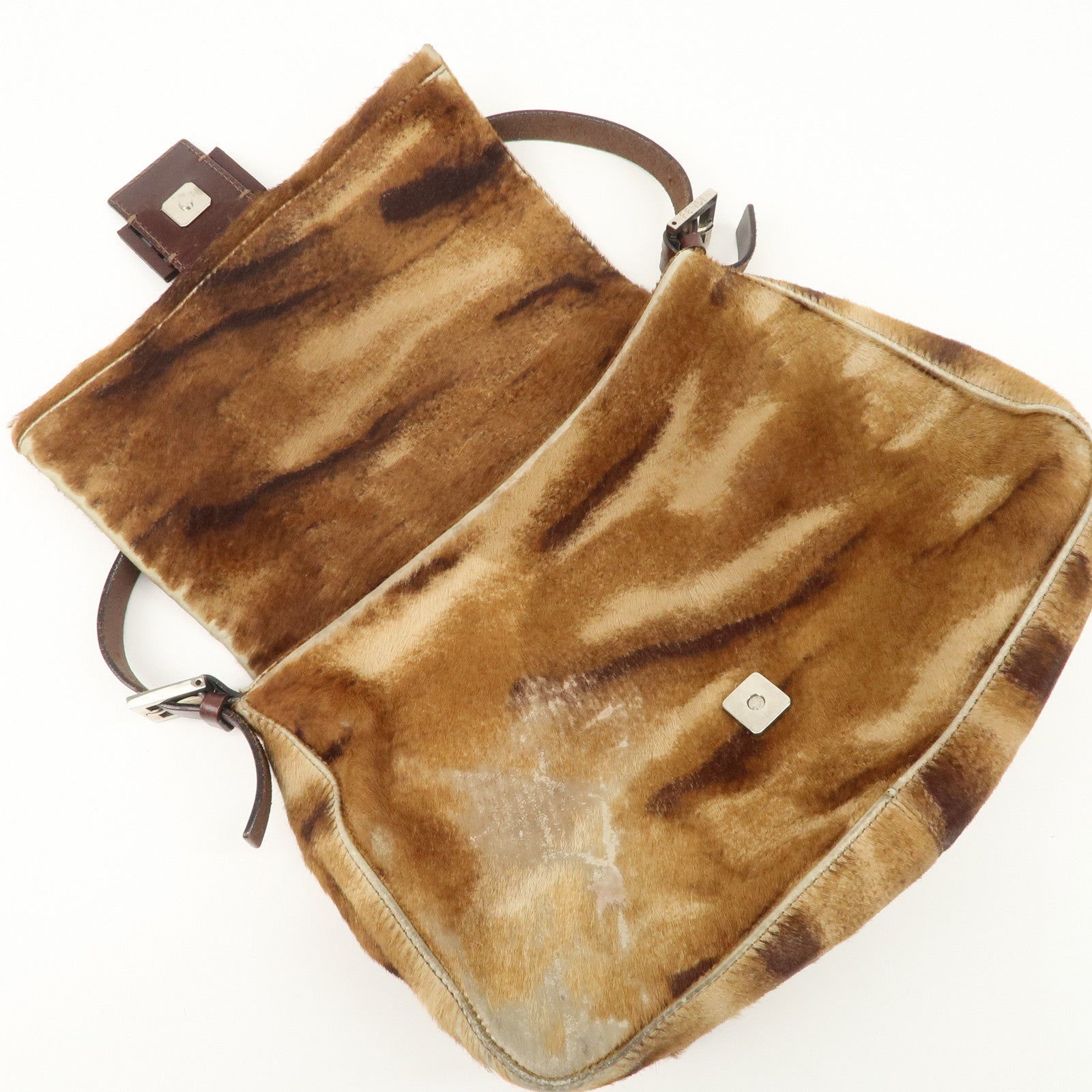 FENDI Mamma Baguette Unborn Carf Leather Shoulder Bag Brown 26323 Used