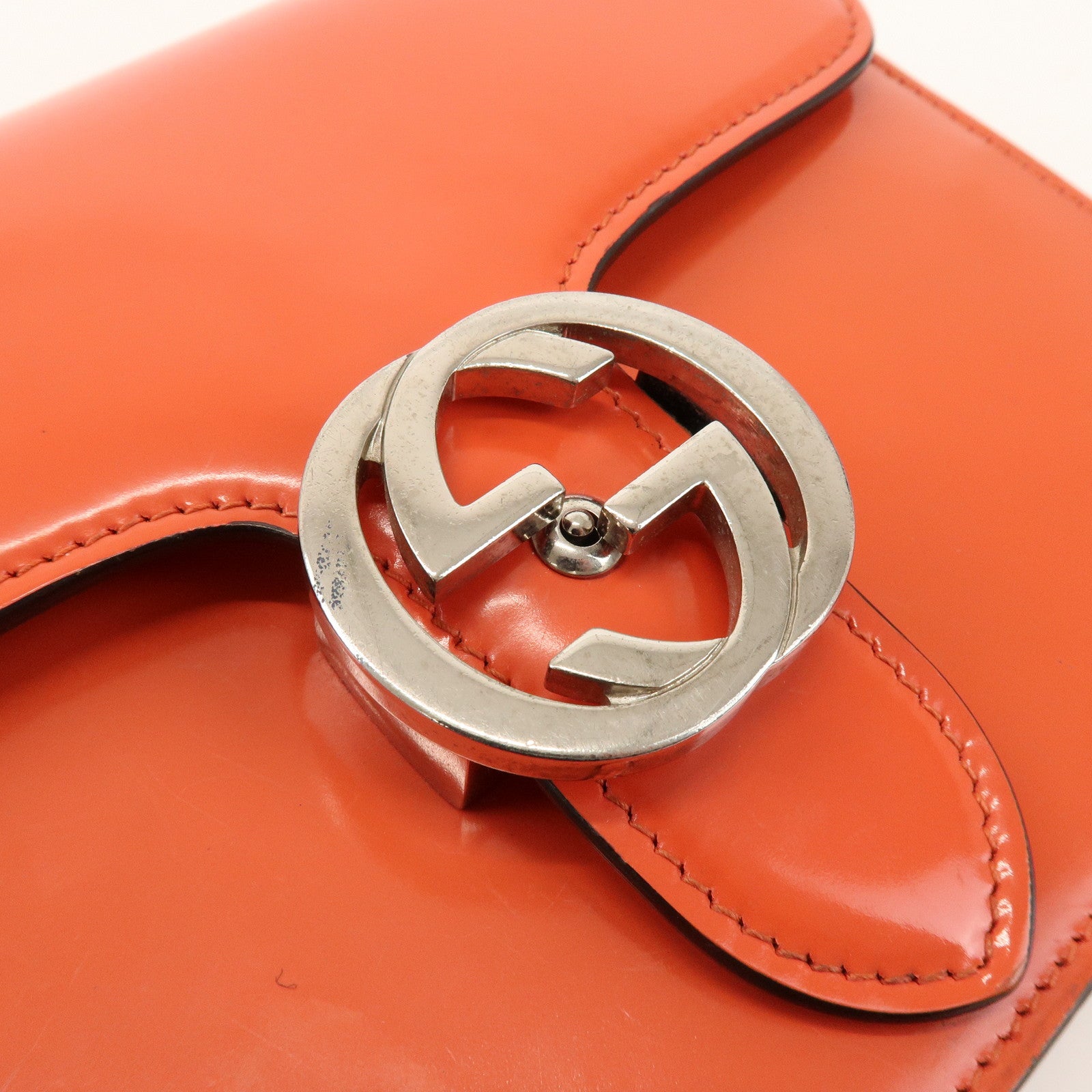 GUCCI Interlocking G Patent Leather Chain ShoulderBag Orange 387609
