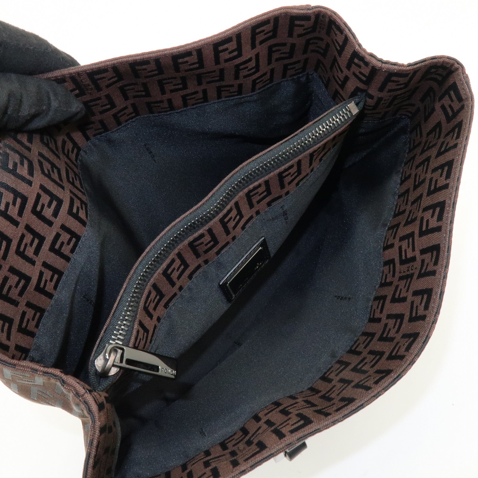 FENDI Zucchino Canvas Leather Tote Bag Shoulder Bag Brown Black