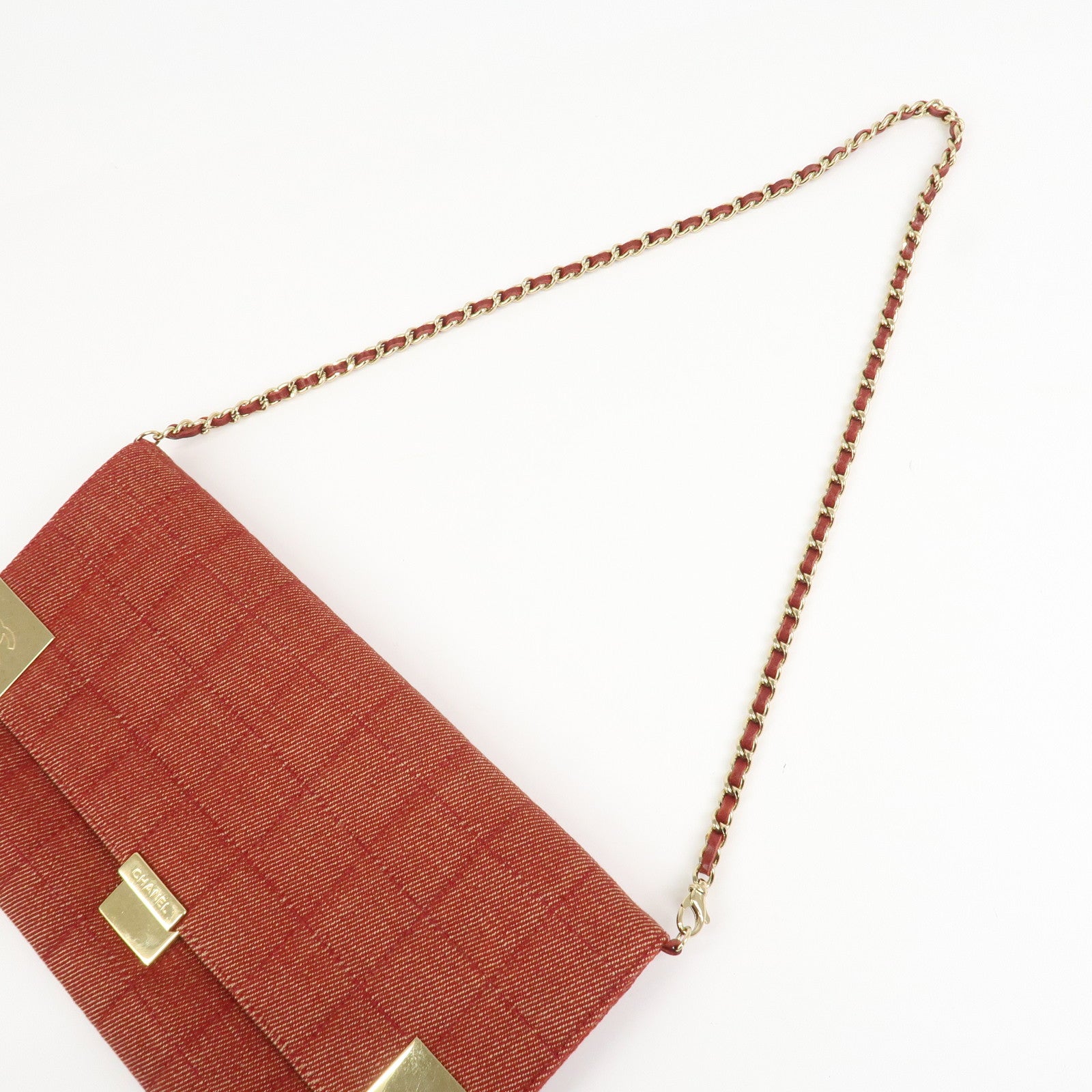 CHANEL Denim Lamb Skin Leather Chain Shoulder Bag Red