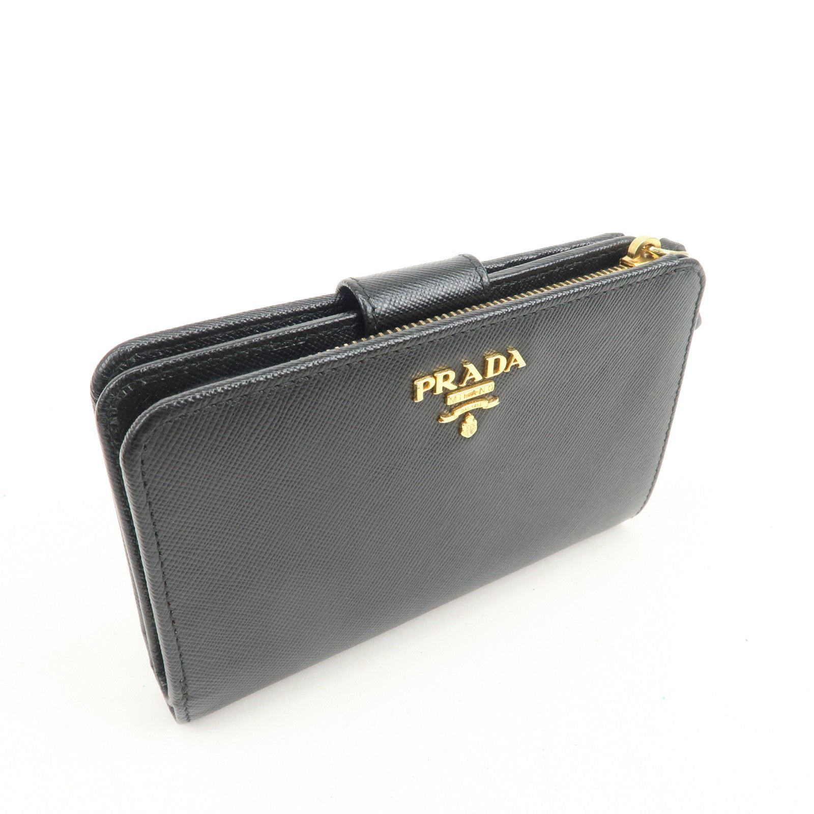 PRADA Logo Saffiano Leather Bi-fold Compact Wallet Black 1M1225