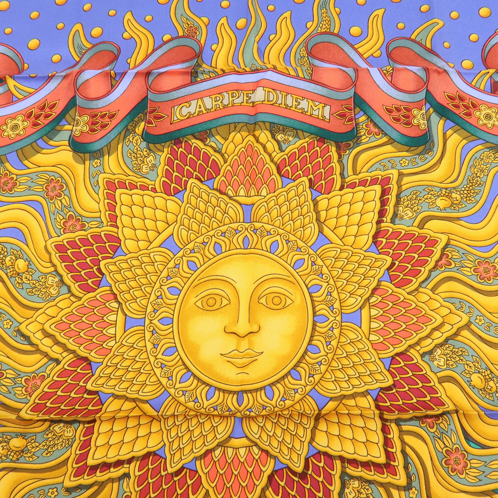 HERMES Carre 90 Silk 100% Scarf CARPE DIEM Blue Yellow Multicolor