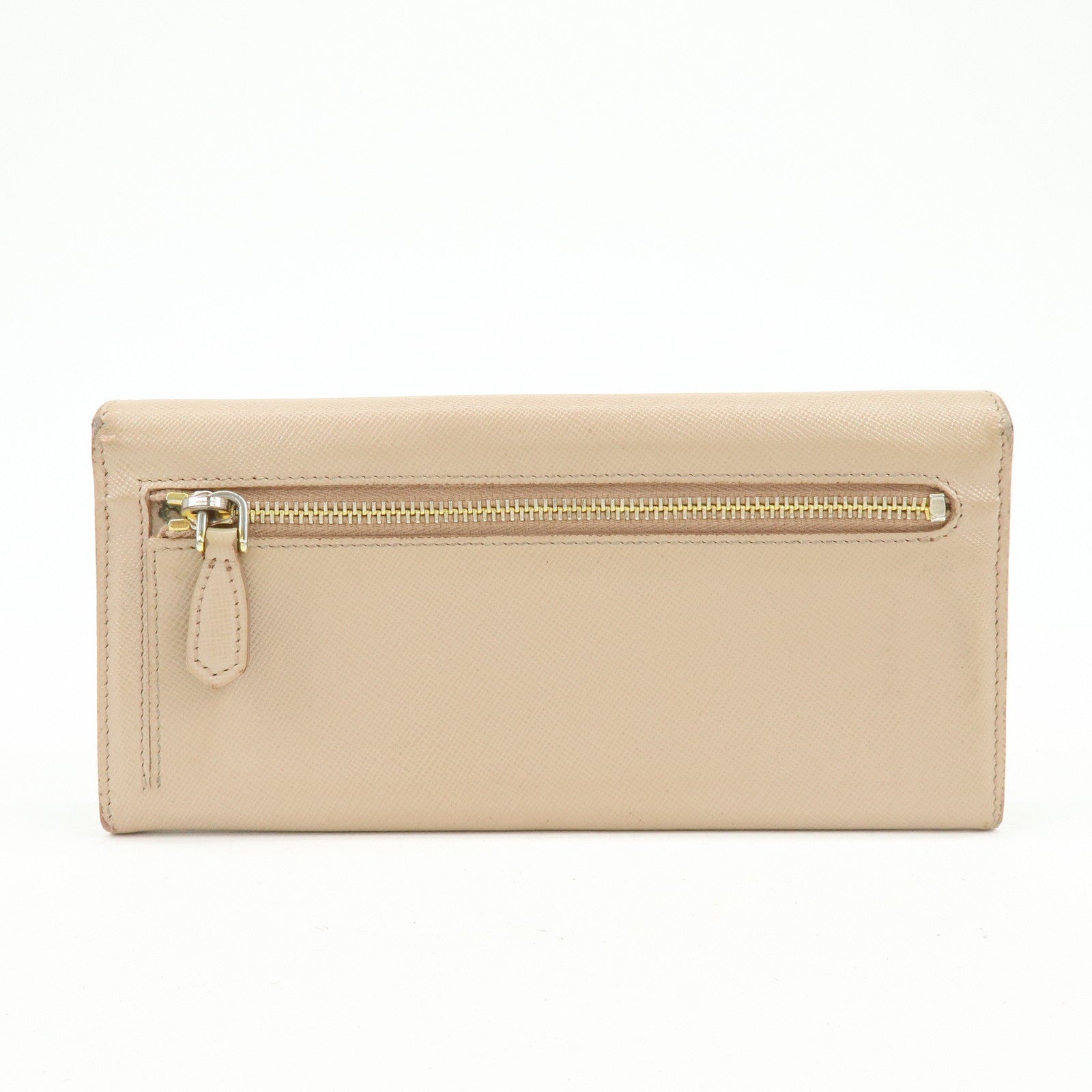 PRADA Logo Saffiano Leather Flap Bi-Fold Long Wallet Beige