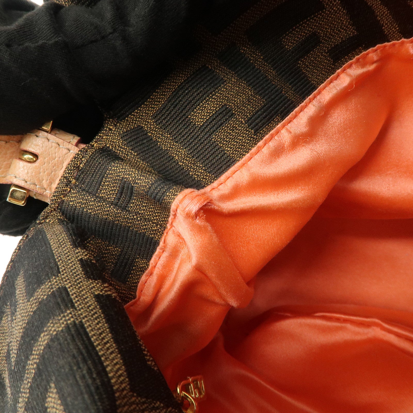 FENDI Zucca Canvas Leather Shoulder Bag Black Pink Flower Motif