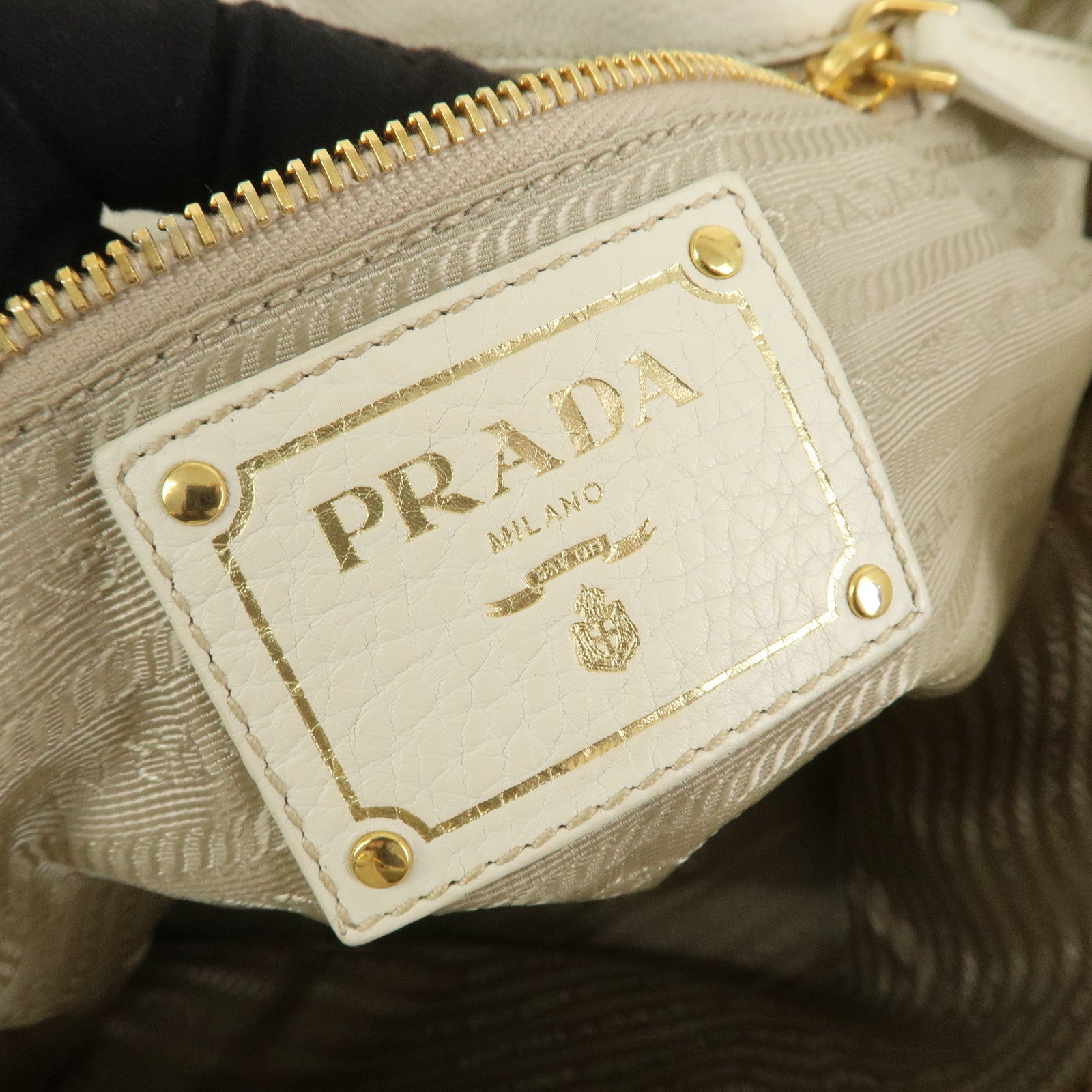 PRADA Logo Leather Shoulder Bag Hand Bag Ivory Gold BR4085