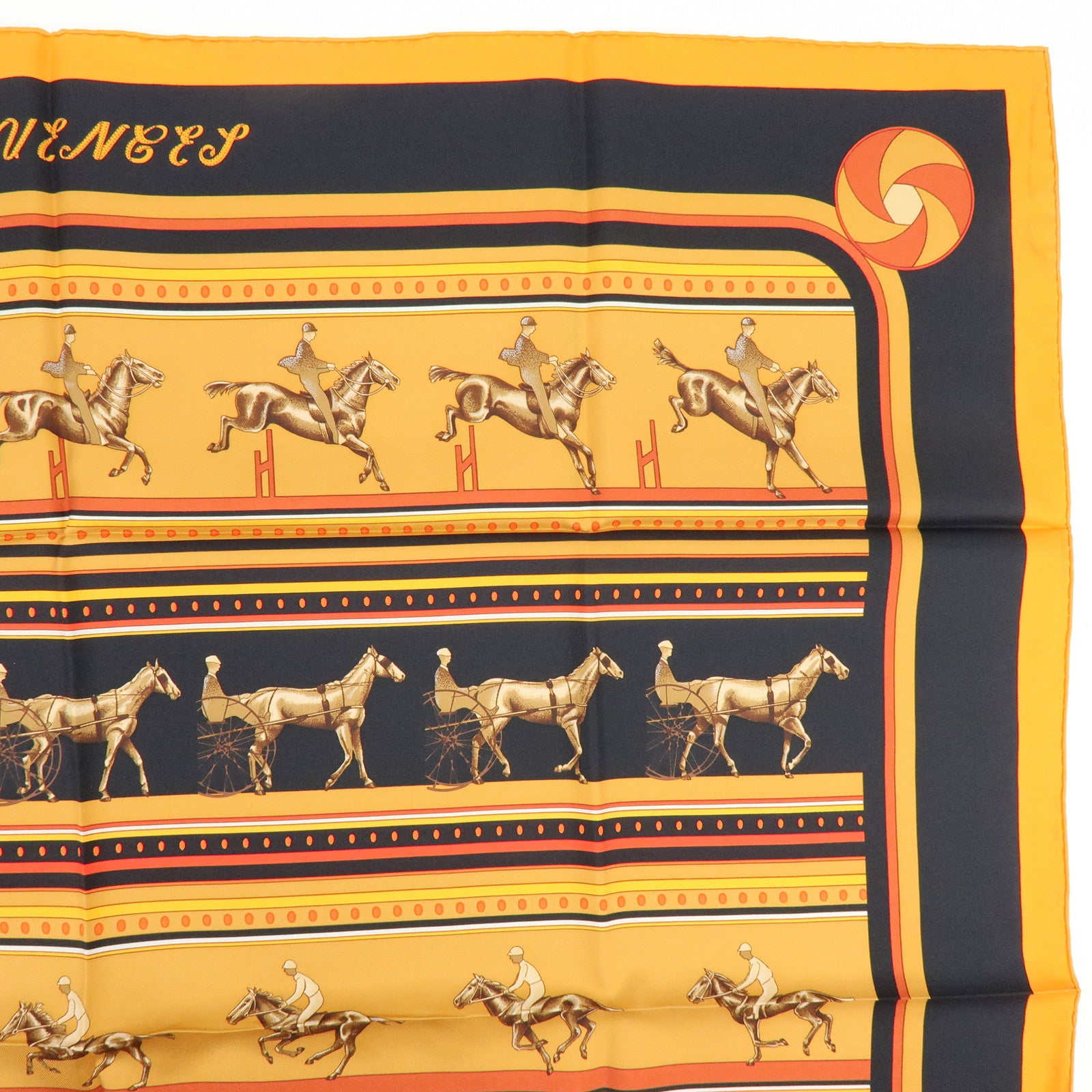 HERMES Carre 90 Silk 100% Scarf SEQUENCES Horse Print Orange Black
