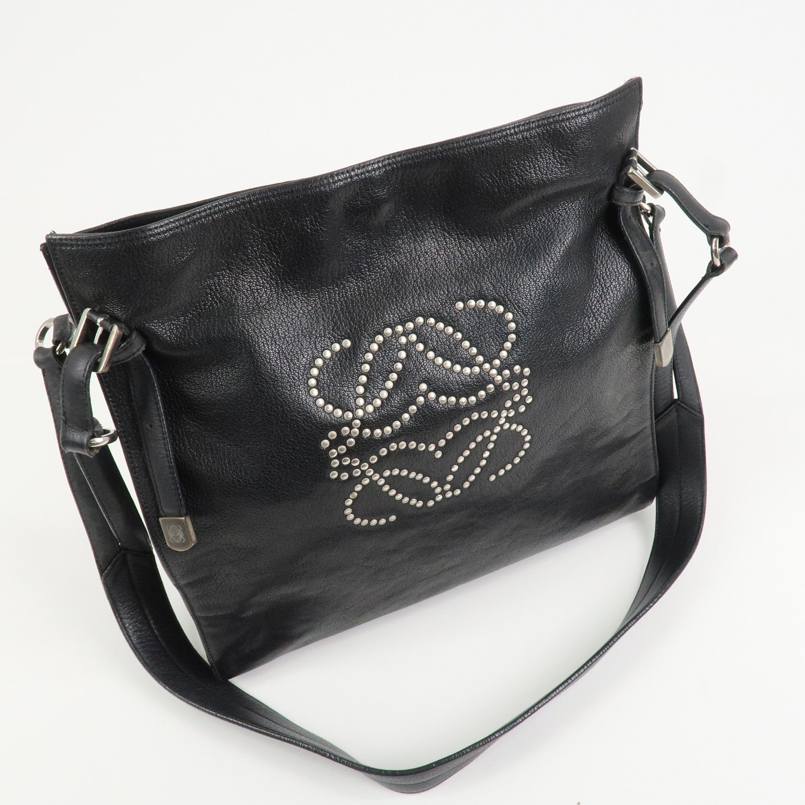 LOEWE Anagram Studs Logo Leather Shoulder Bag Crossbody Bag Black