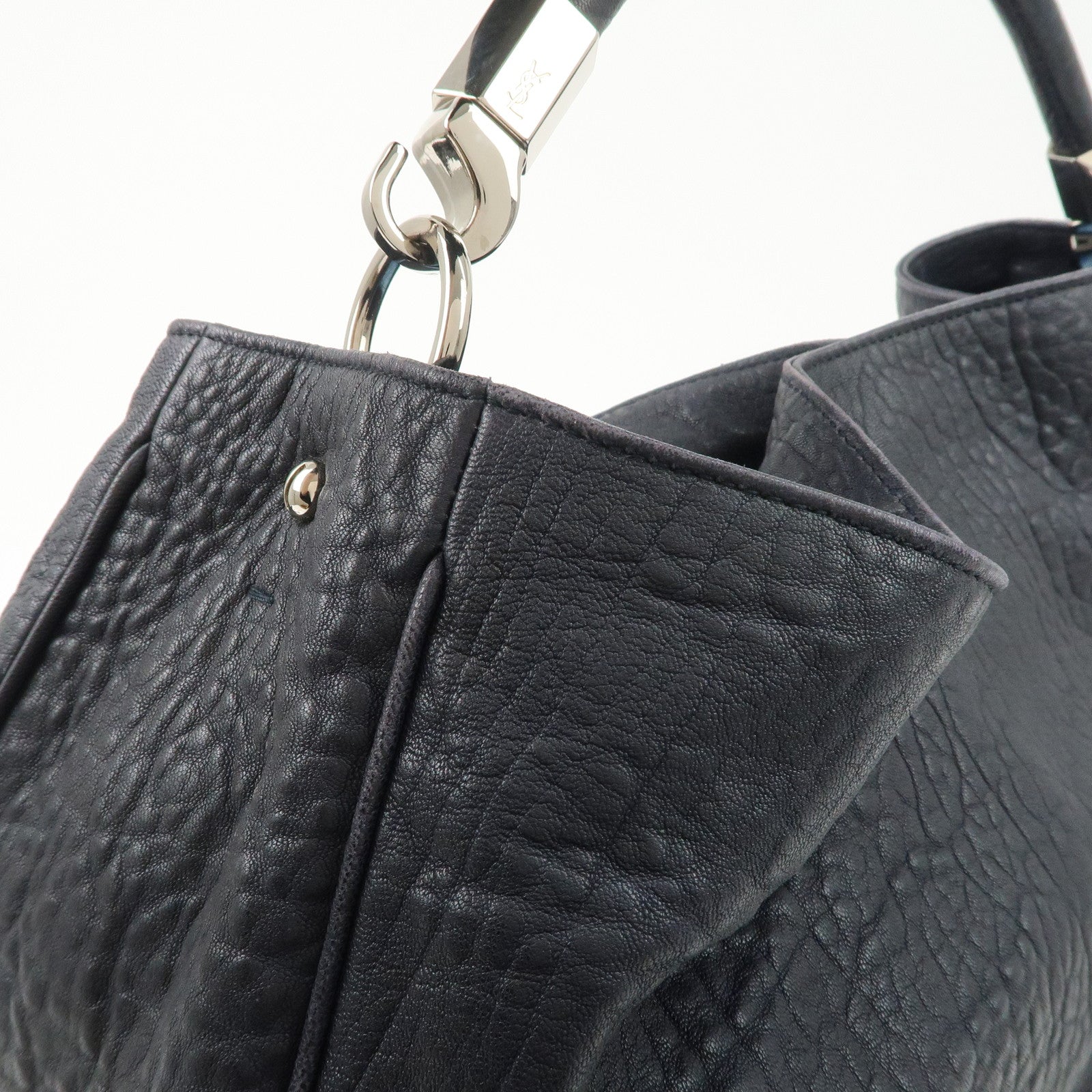 SAINT LAURENT Leather One Shoulder Bag Hand Bag Navy Silver HDW