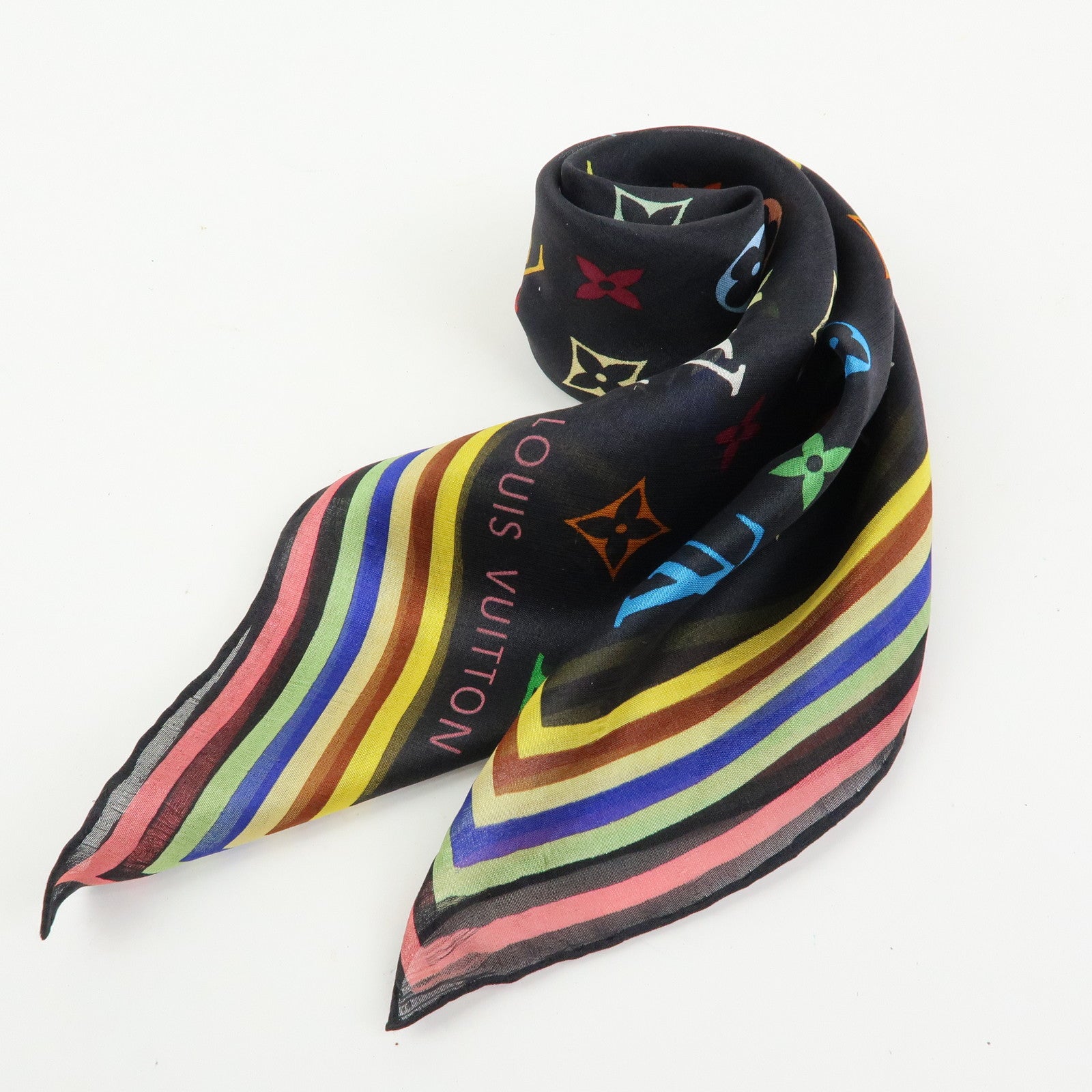 Louis Vuitton Monogram Silk 100% Scarf Multicolor Noir Black
