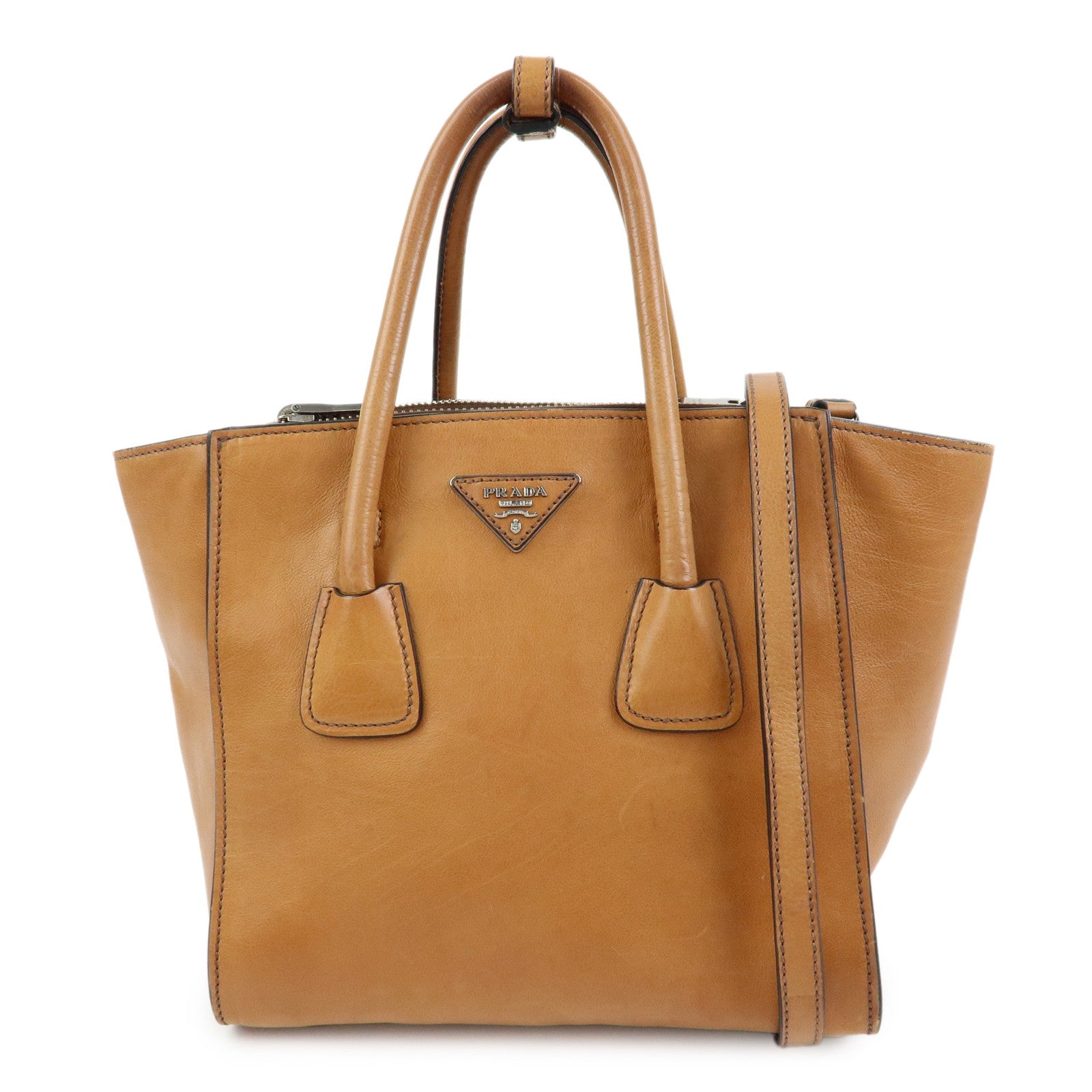 PRADA Triangle Logo Calf Leather 2Way Bag Hand Bag Brown BN2625