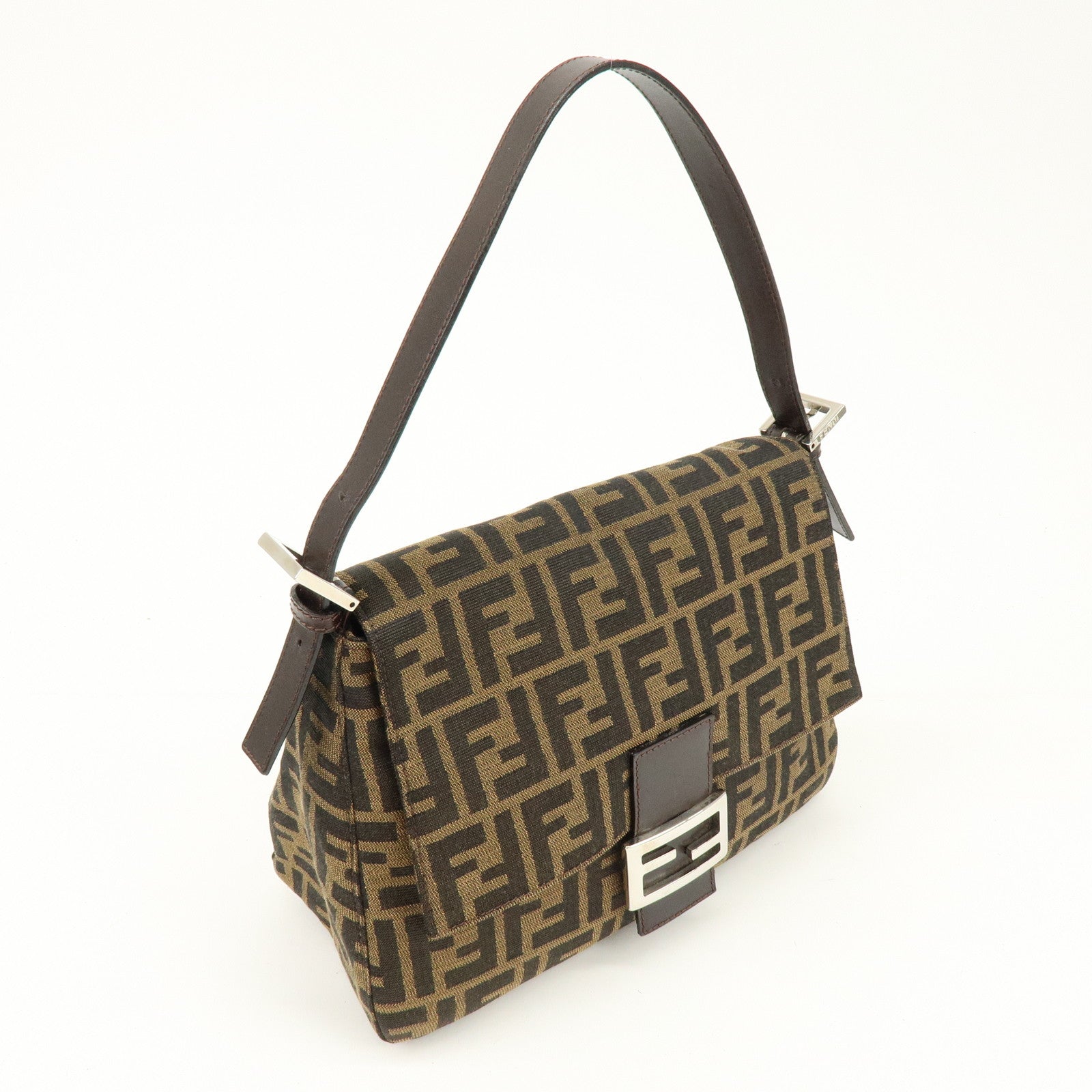 FENDI Mamma Baguette Zucca Canvas Leather Shoulder Bag Brown 26325