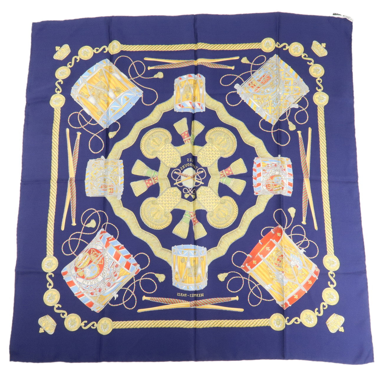 HERMES Carre 90 Silk 100% Scarf LES TAMBOURS Navy Multicolor Used