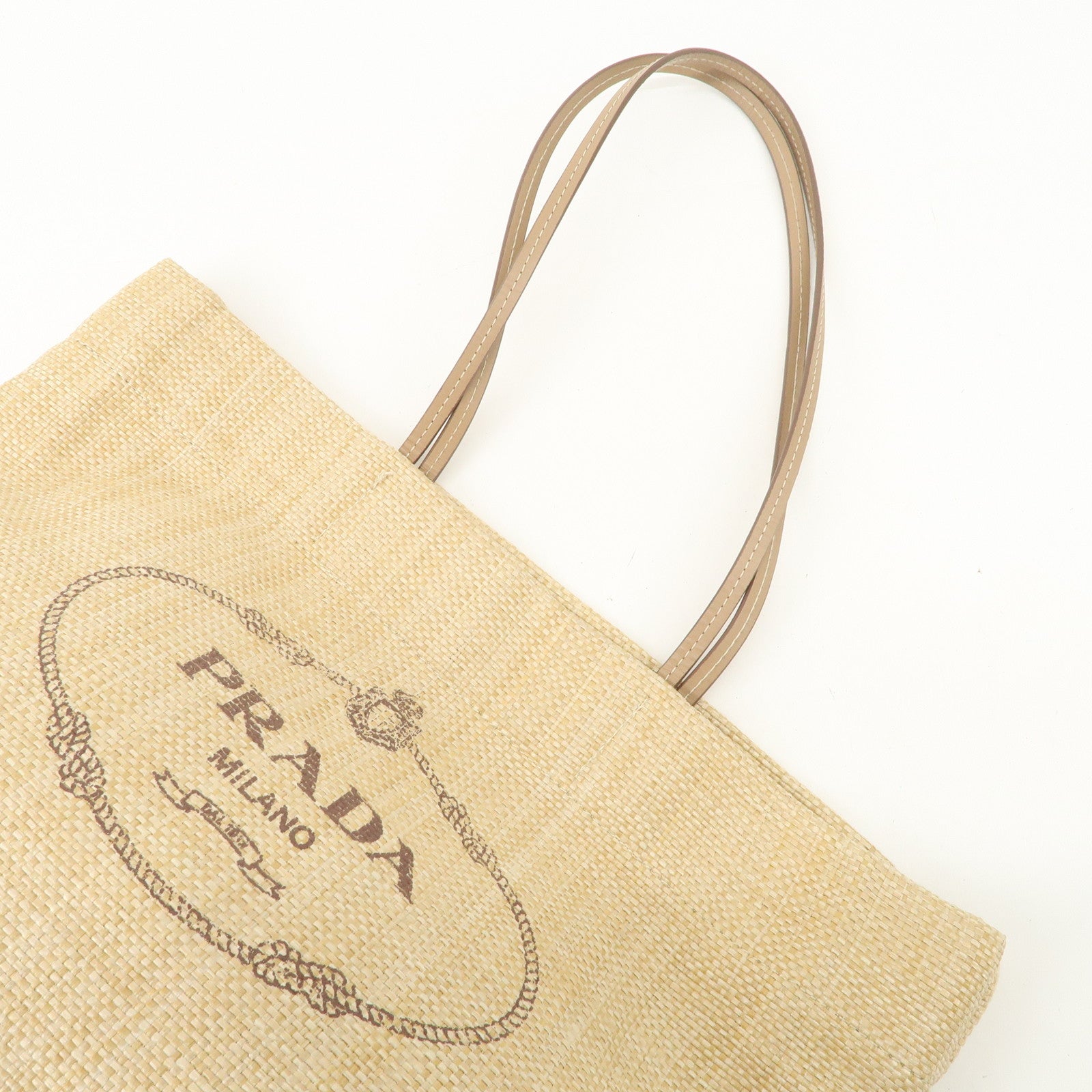 PRADA Leather Raffia Straw Tote Bag Shoulder Bag Beige Used