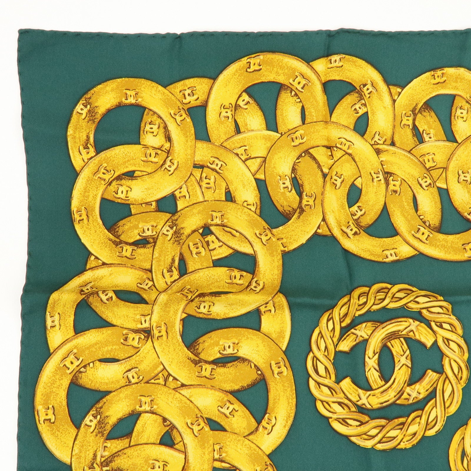 CHANEL Logo Silk 100% Medallion & Chain Print Scarf Moss Green Gold