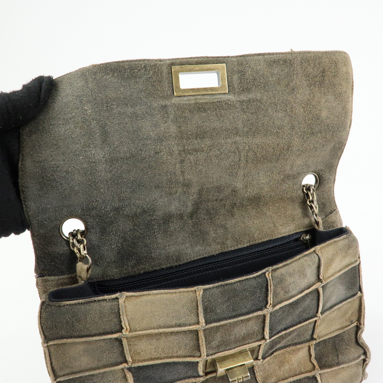 CHANEL Chanel 2.55 Suede Patchwork Chain Shoulder Bag Gray Brown