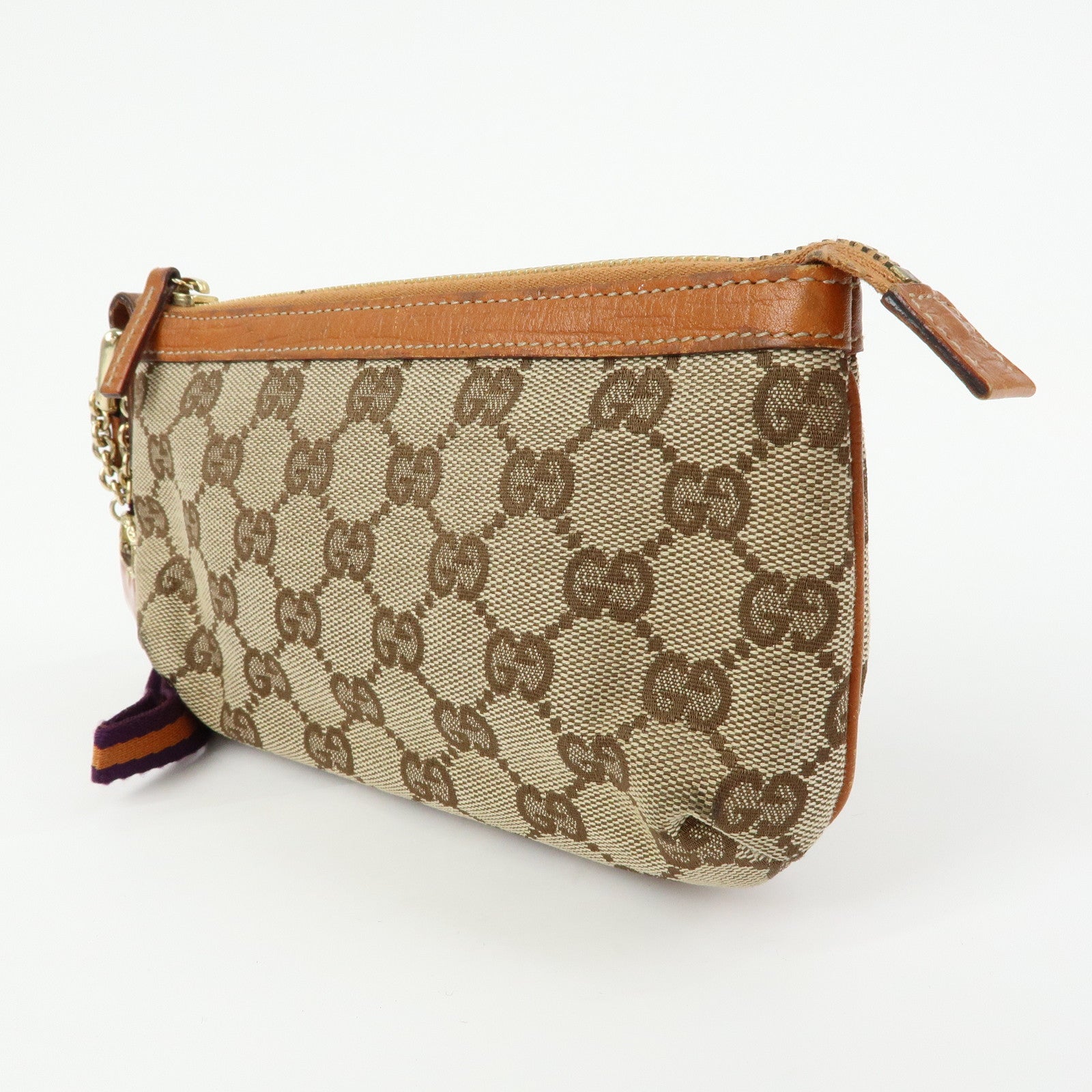 GUCCI Sherry GG Canvas Leather Pouch Hand Bag Beige Camel 152507