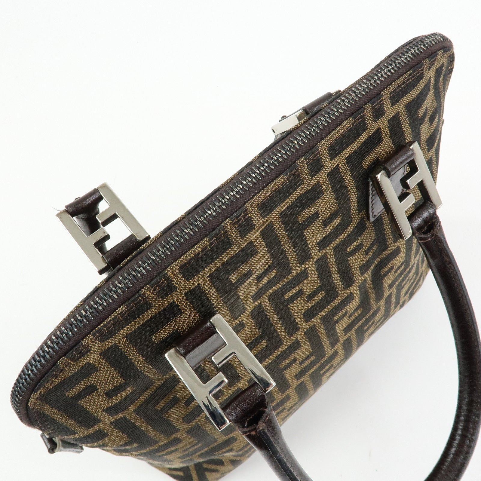FENDI Zucca Jacquard Canvas Leather 2Way Bag Hand Bag Brown