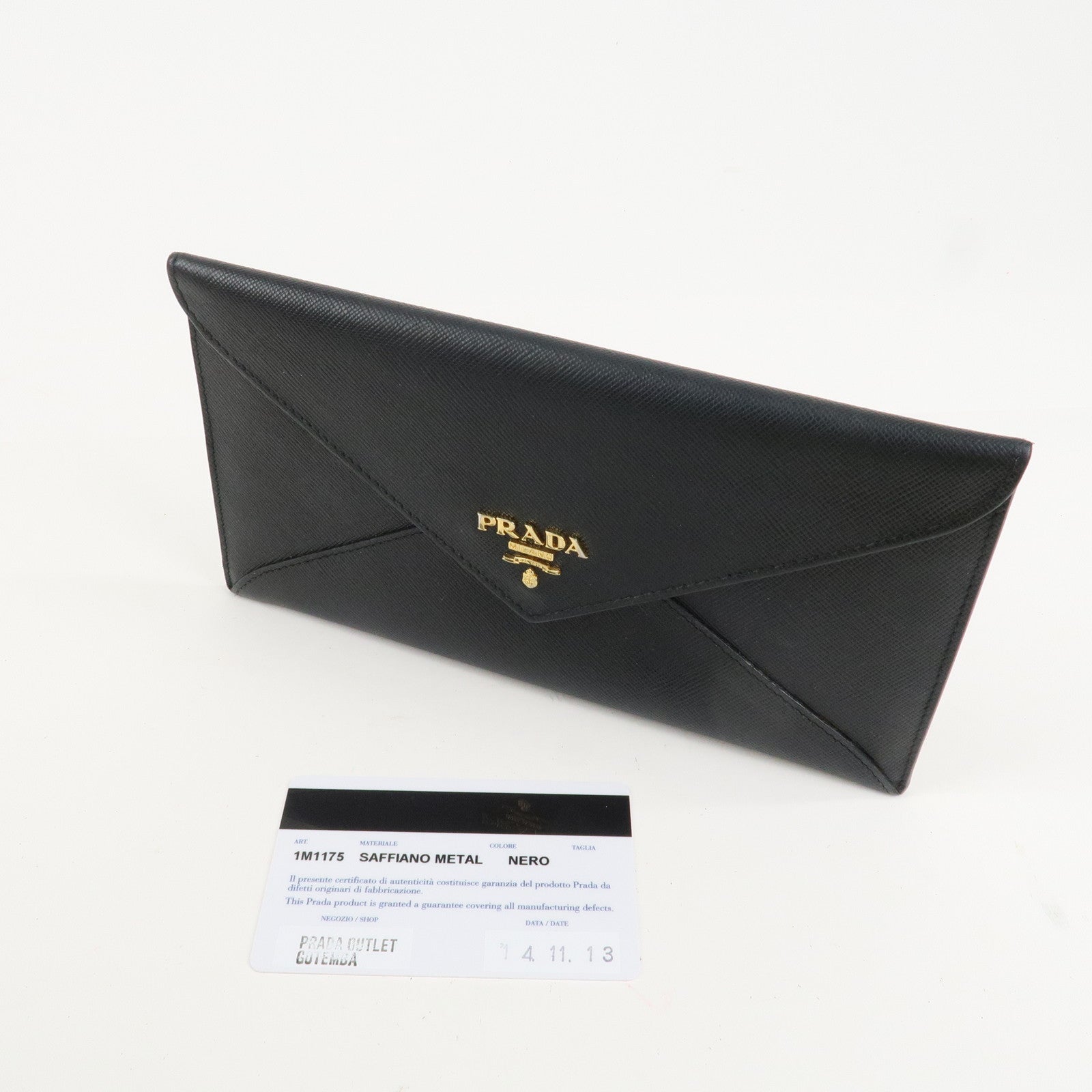 PRADA Saffiano Leather Envelope Flap Long Wallet Black 1M1175 Used